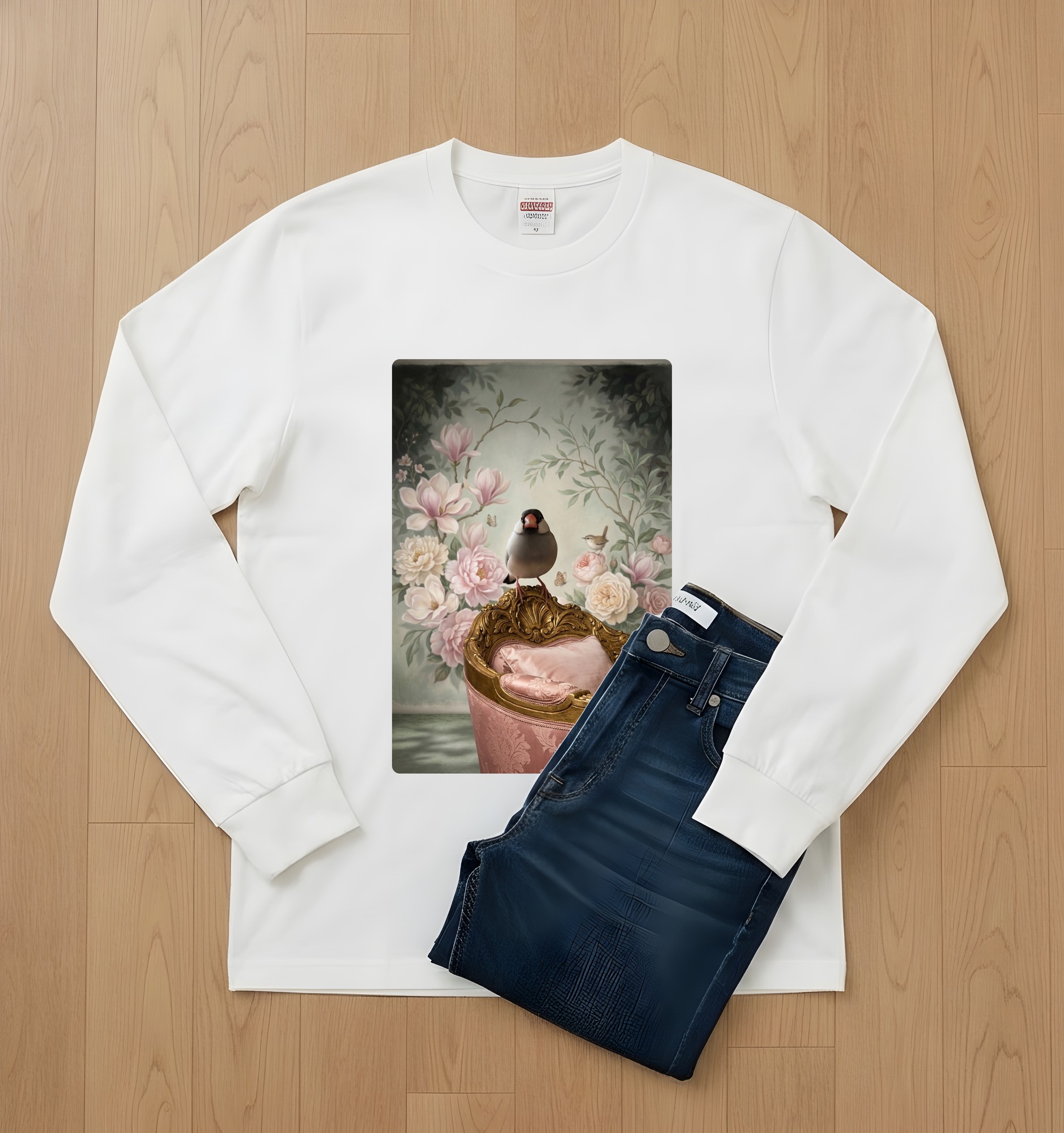 文鳥・ブンチョウのシャビーピンクの油絵風アートロココ調長袖Tシャツ(ホワイト)(2枚目)