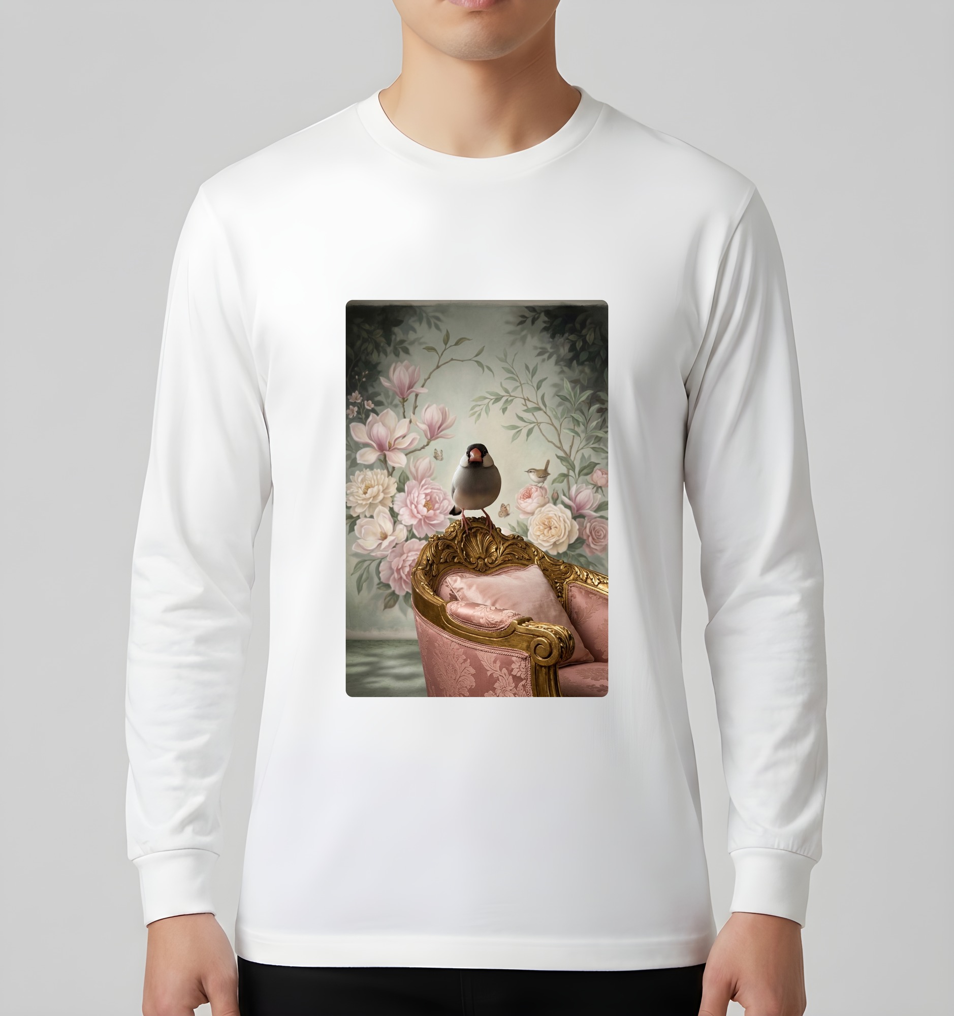 文鳥・ブンチョウのシャビーピンクの油絵風アートロココ調長袖Tシャツ(ホワイト)(3枚目)