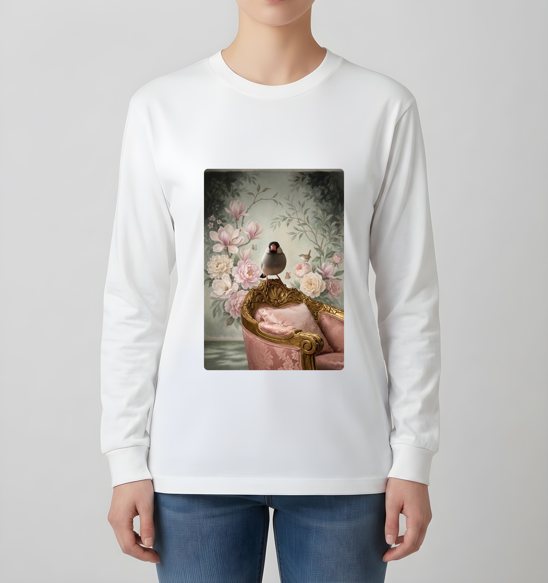 文鳥・ブンチョウのシャビーピンクの油絵風アートロココ調長袖Tシャツ(ホワイト)(4枚目)