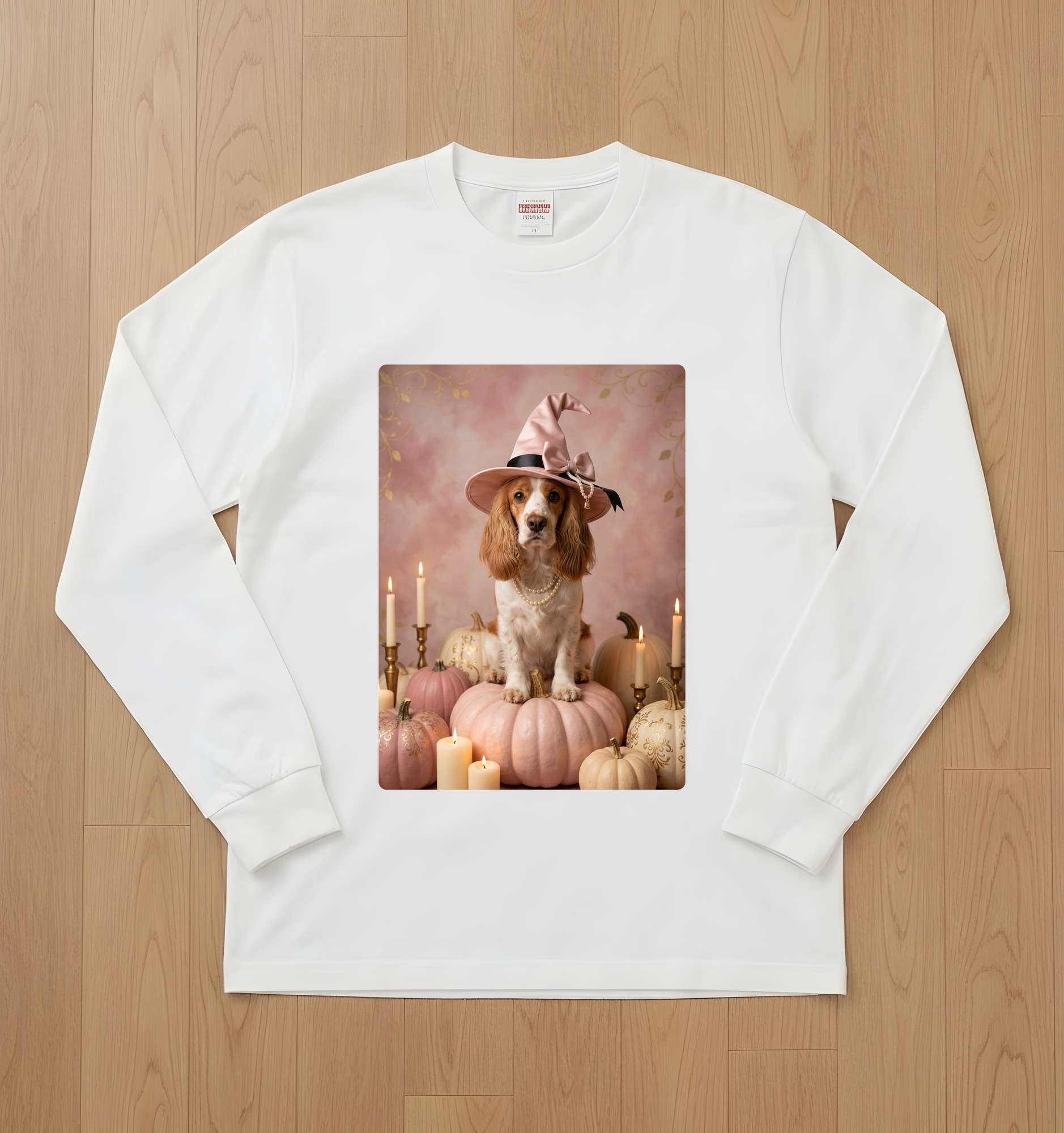 コッカースパニエルのかぼちゃとキャンドルの油絵風アートハロウィン長袖Tシャツ(ホワイト)