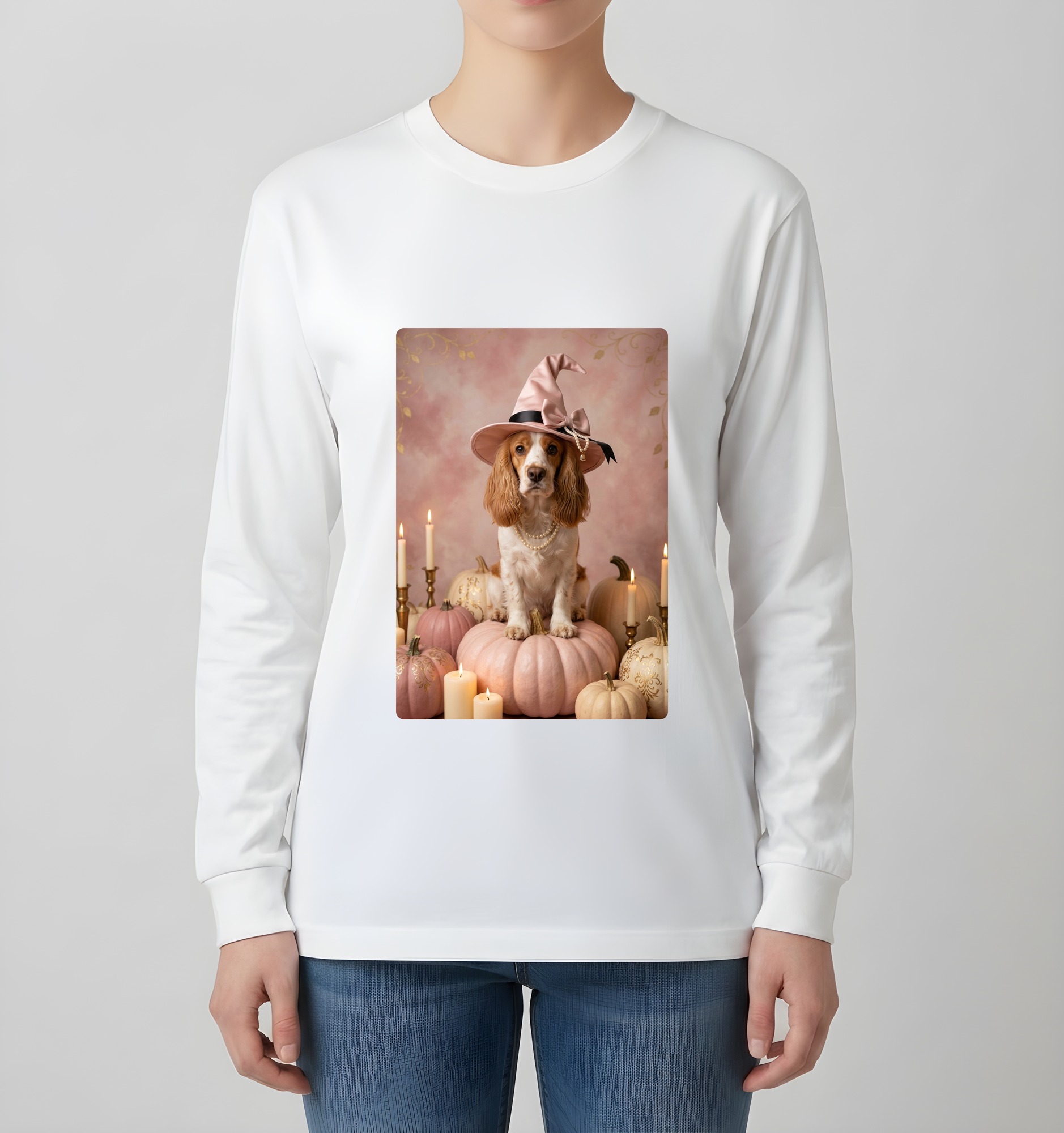 コッカースパニエルのかぼちゃとキャンドルの油絵風アートハロウィン長袖Tシャツ(ホワイト)(4枚目)