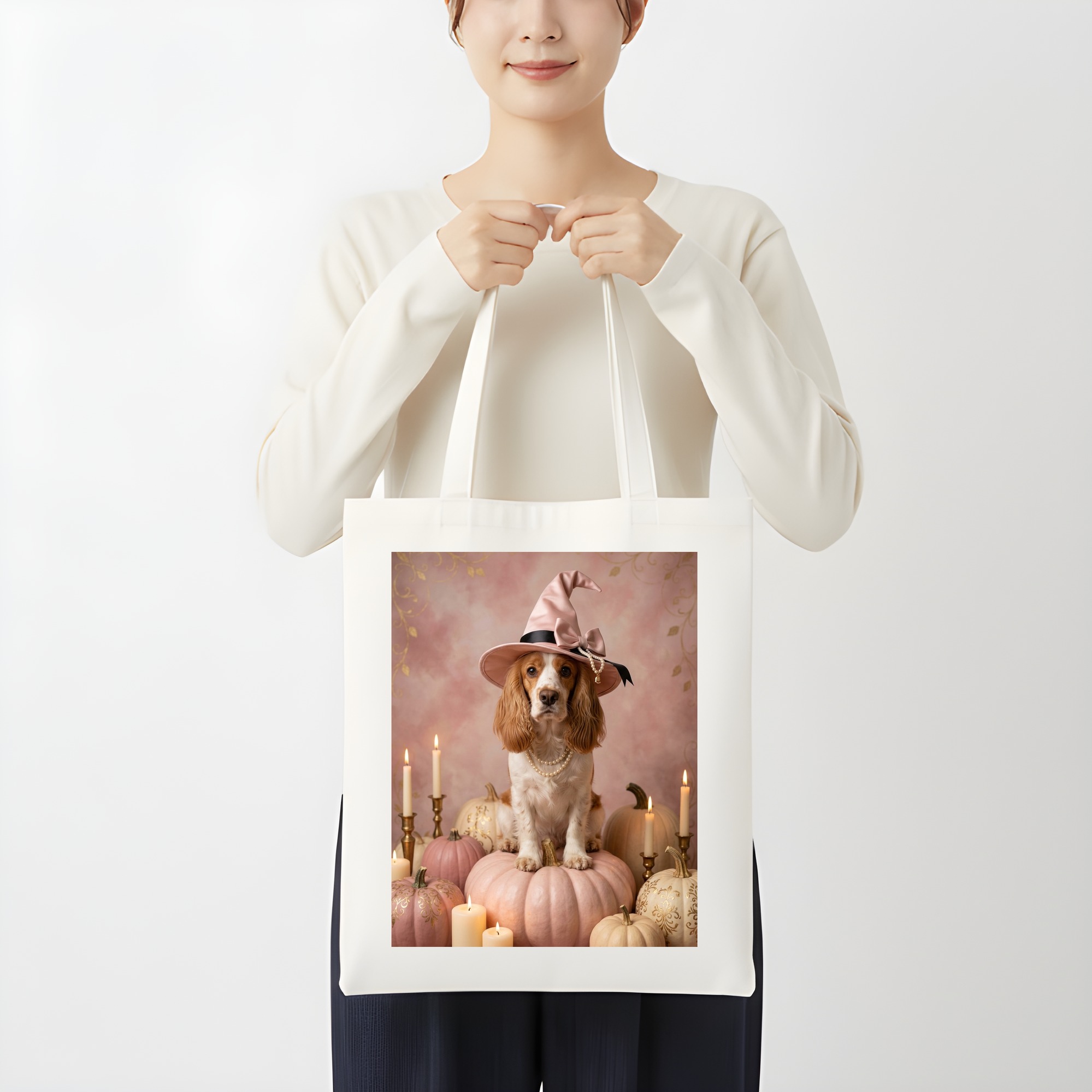 コッカースパニエルのかぼちゃとキャンドルの油絵風アートハロウィントートバッグ（3枚目）
