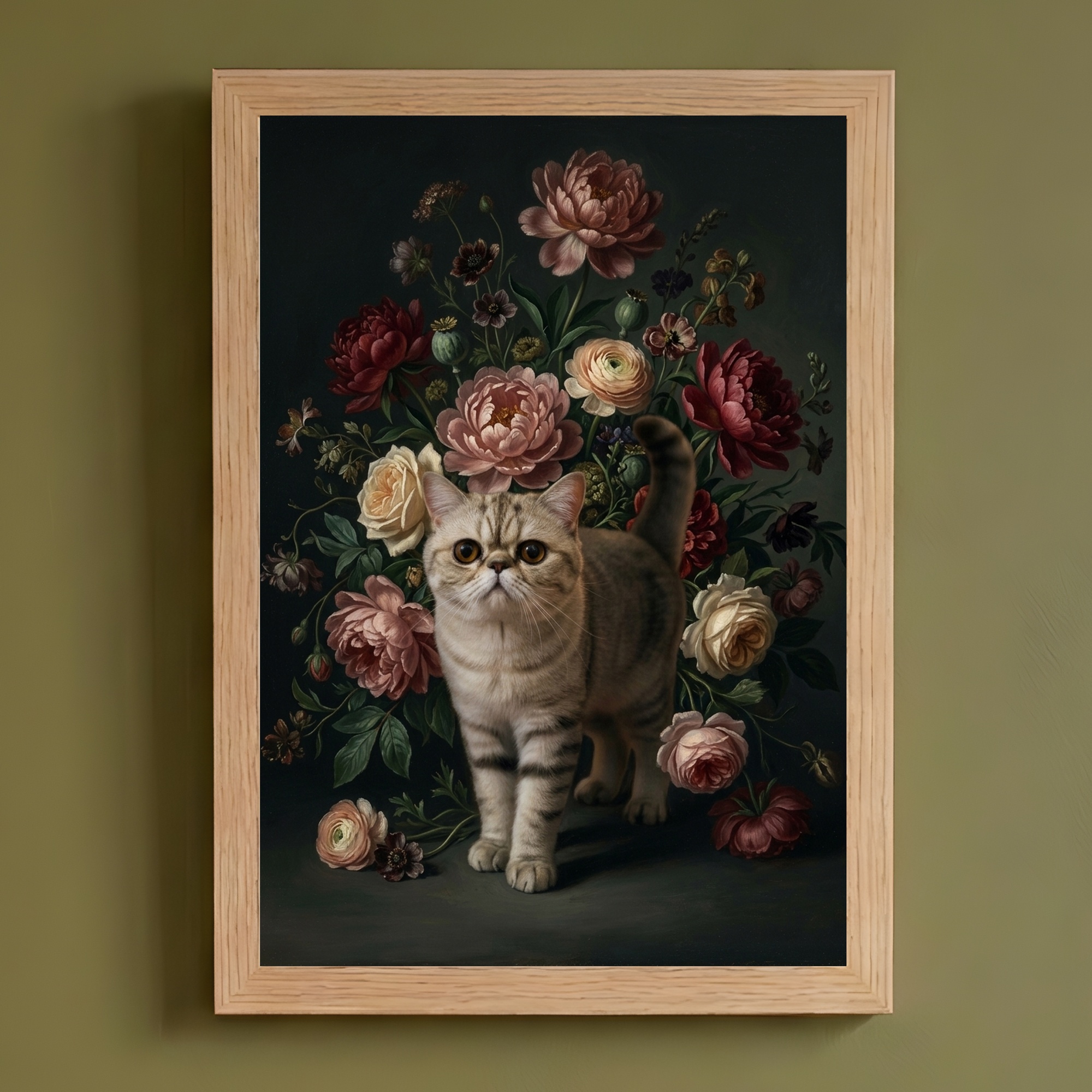 エキゾチックショートヘアの花の油絵風アート花柄額装プリント(A4サイズ)