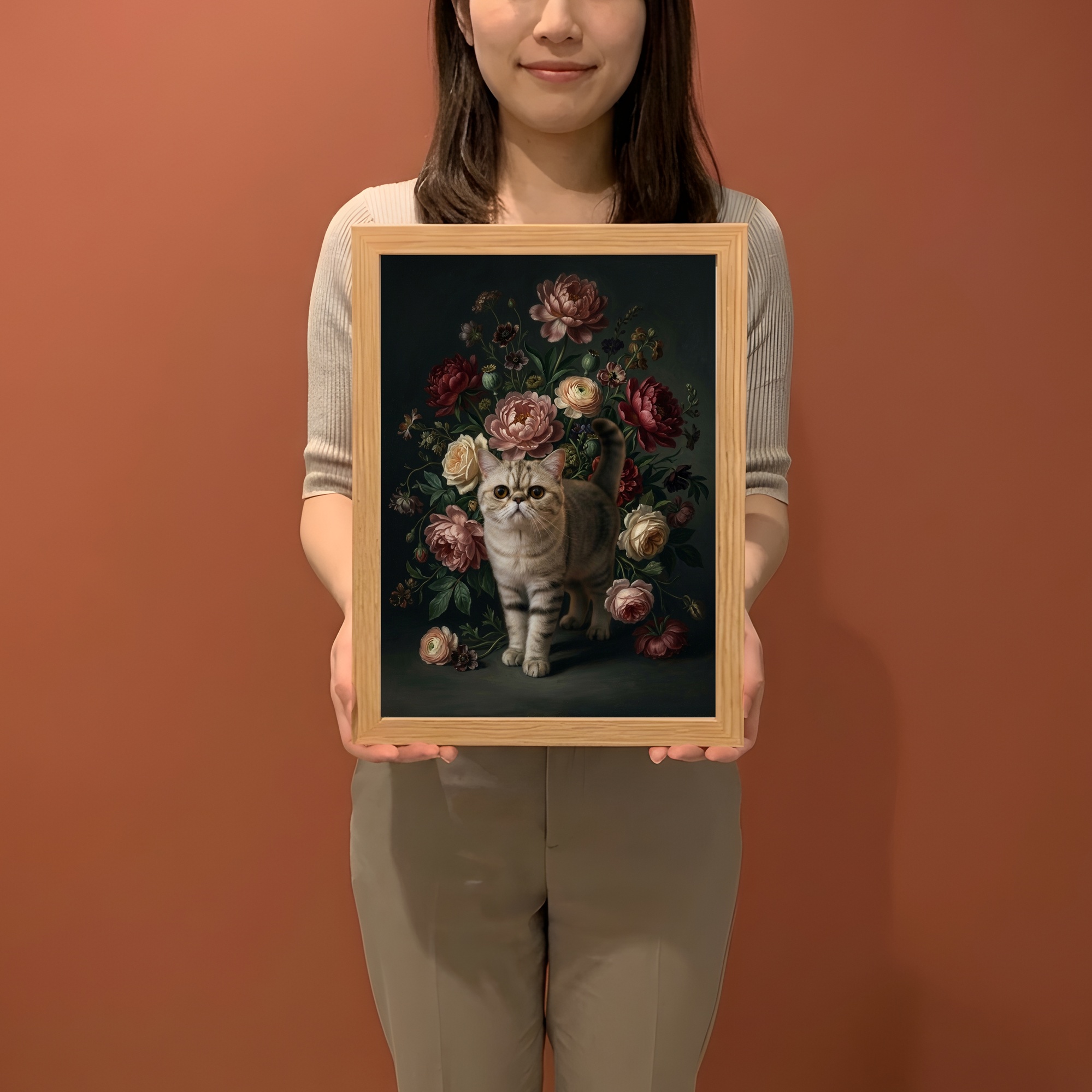エキゾチックショートヘアの花の油絵風アート花柄額装プリント(A4サイズ)(2枚目)