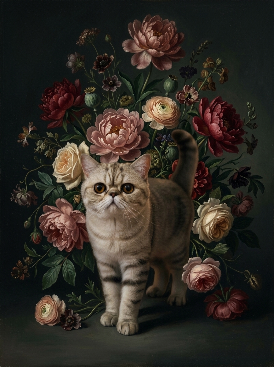 エキゾチックショートヘアの花の油絵風アート花柄額装プリント(A4サイズ)(4枚目)