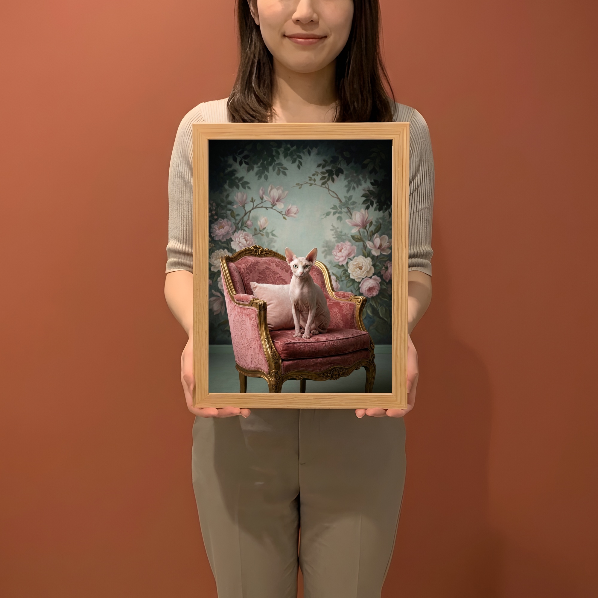 スフィンクスのシャビーピンクの油絵風アートロココ調額装プリント(A4サイズ)(2枚目)