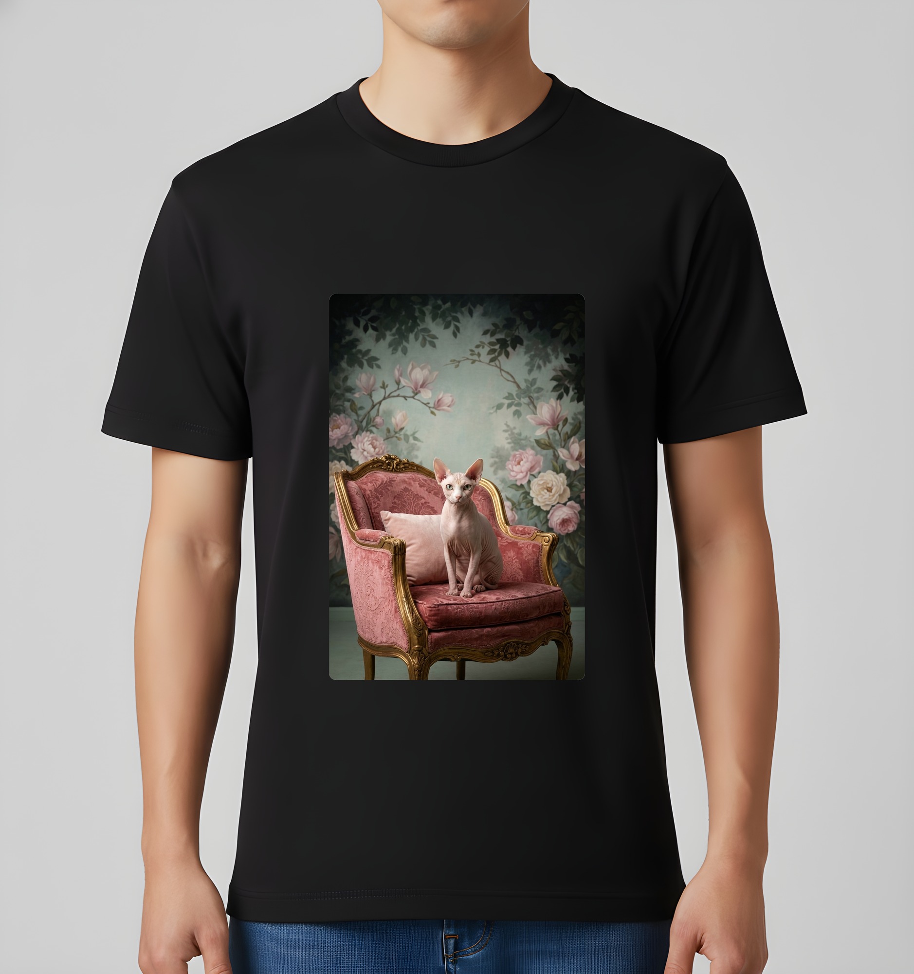 スフィンクスのシャビーピンクの油絵風アートロココ調Tシャツ(ブラック)(3枚目)