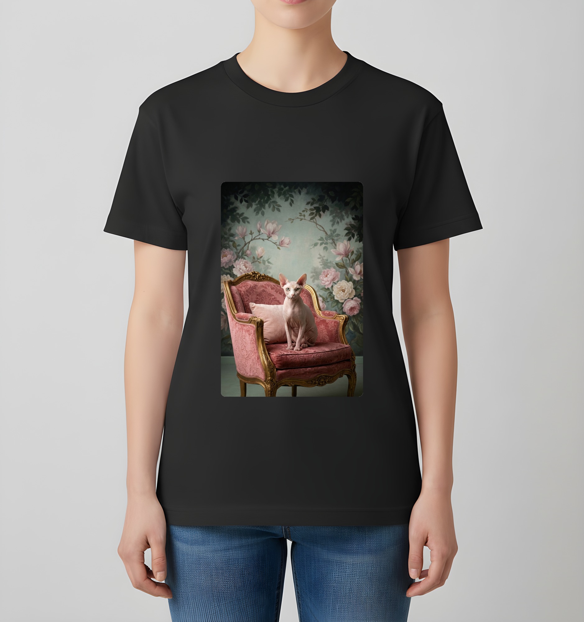 スフィンクスのシャビーピンクの油絵風アートロココ調Tシャツ(ブラック)(4枚目)