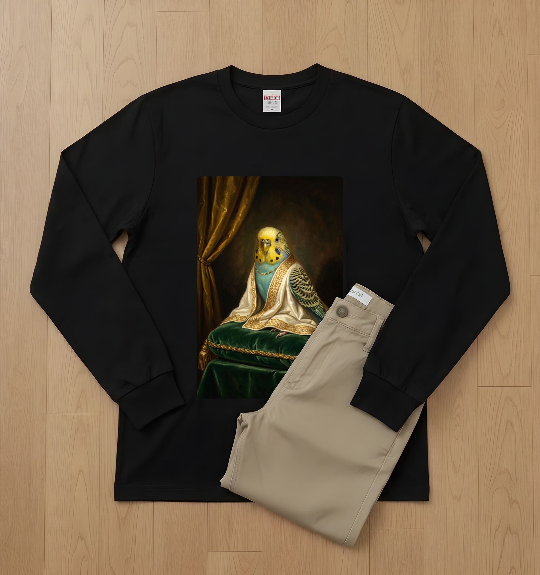 セキセイインコのルネサンス肖像画長袖Tシャツ（ブラック）（2枚目）