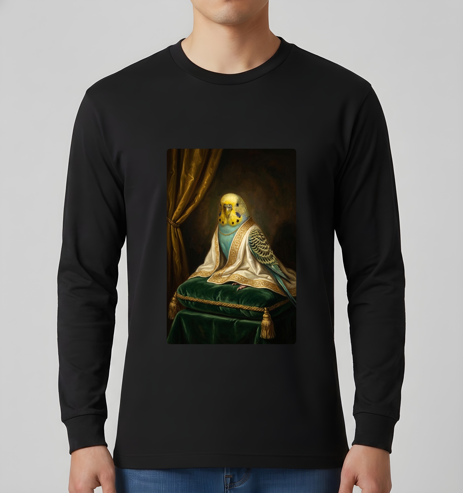 セキセイインコのルネサンス肖像画長袖Tシャツ（ブラック）（3枚目）