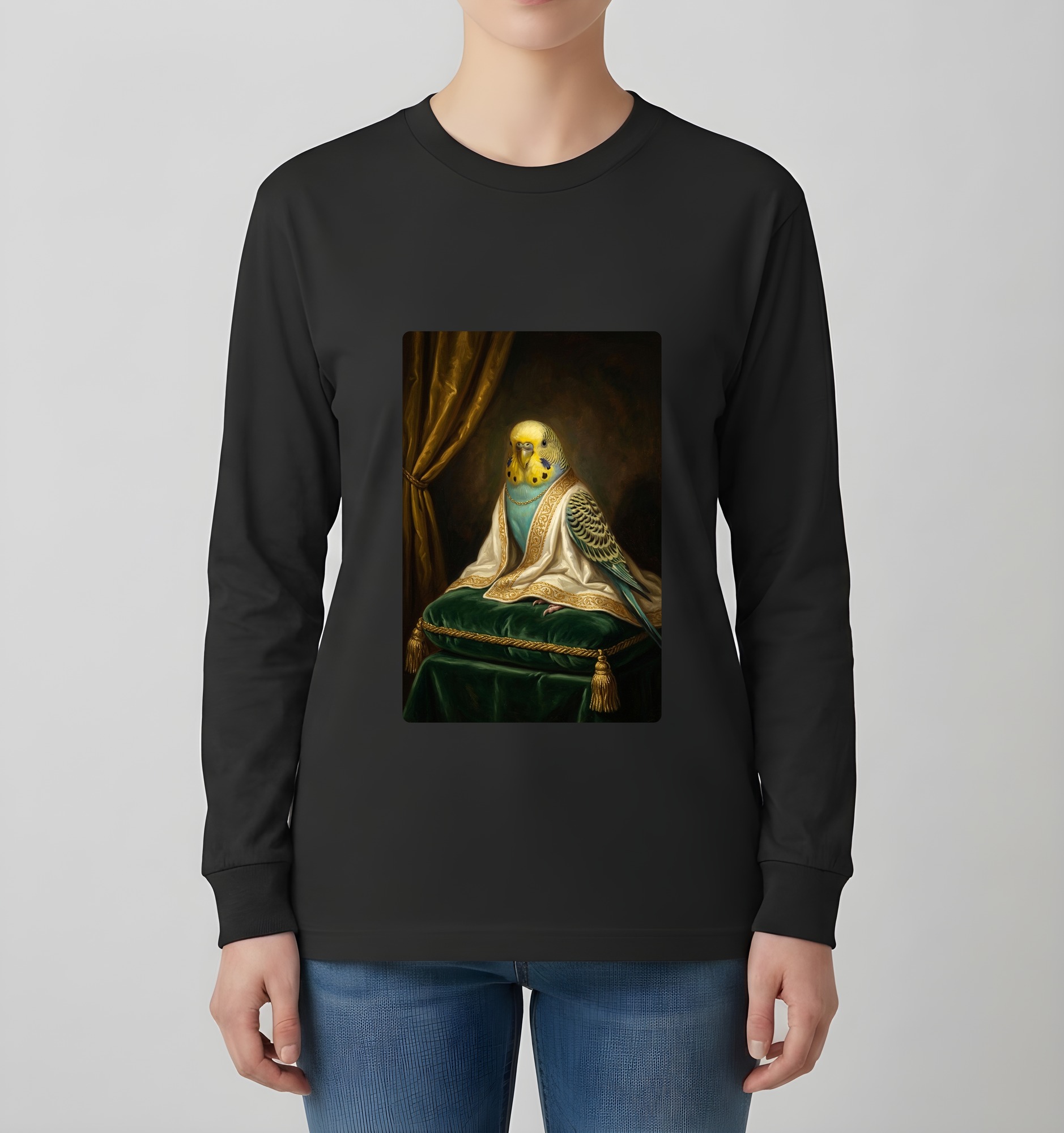セキセイインコのルネサンス肖像画長袖Tシャツ（ブラック）（4枚目）