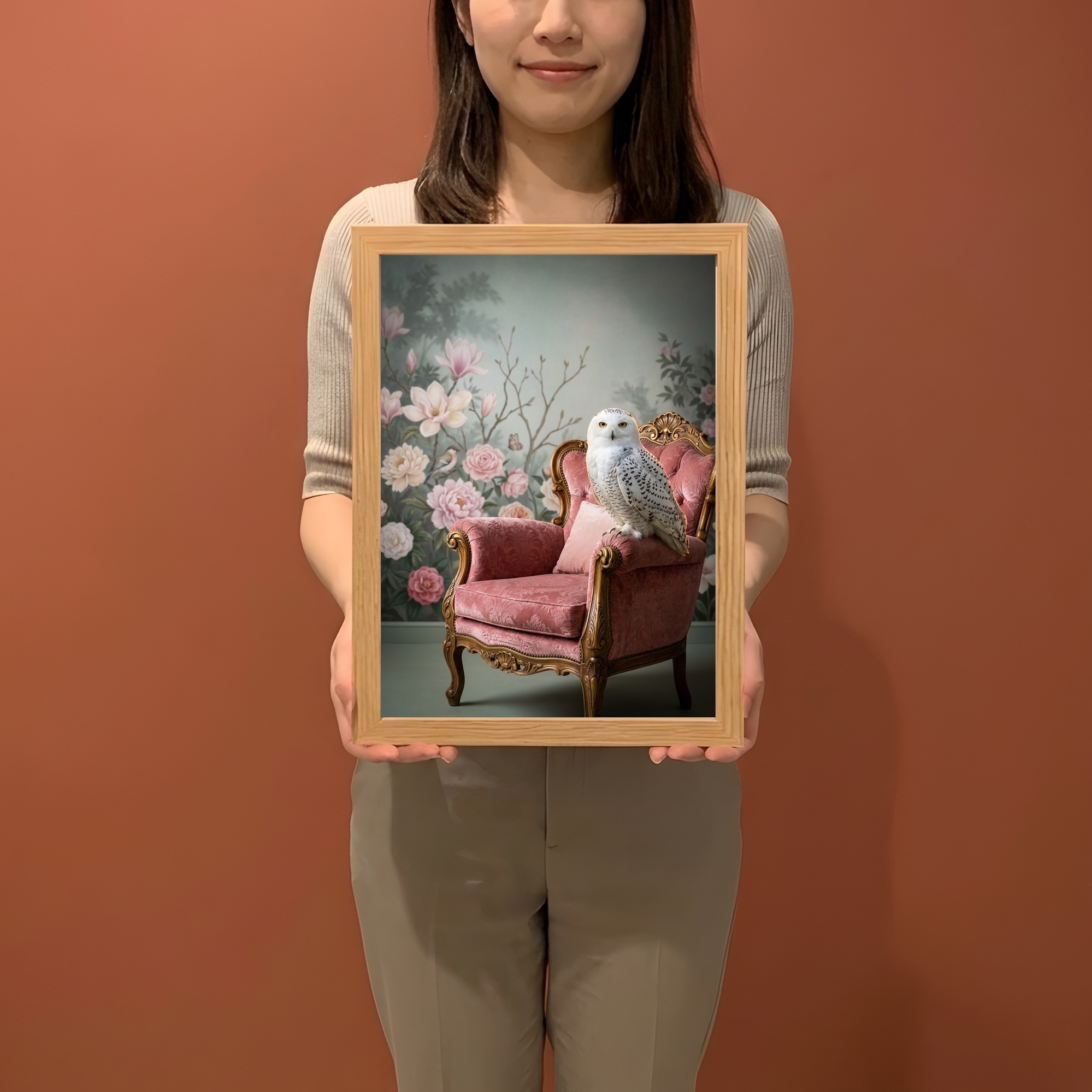 シロフクロウのシャビーピンクの油絵風アートロココ調額装プリント（A4サイズ）（2枚目）