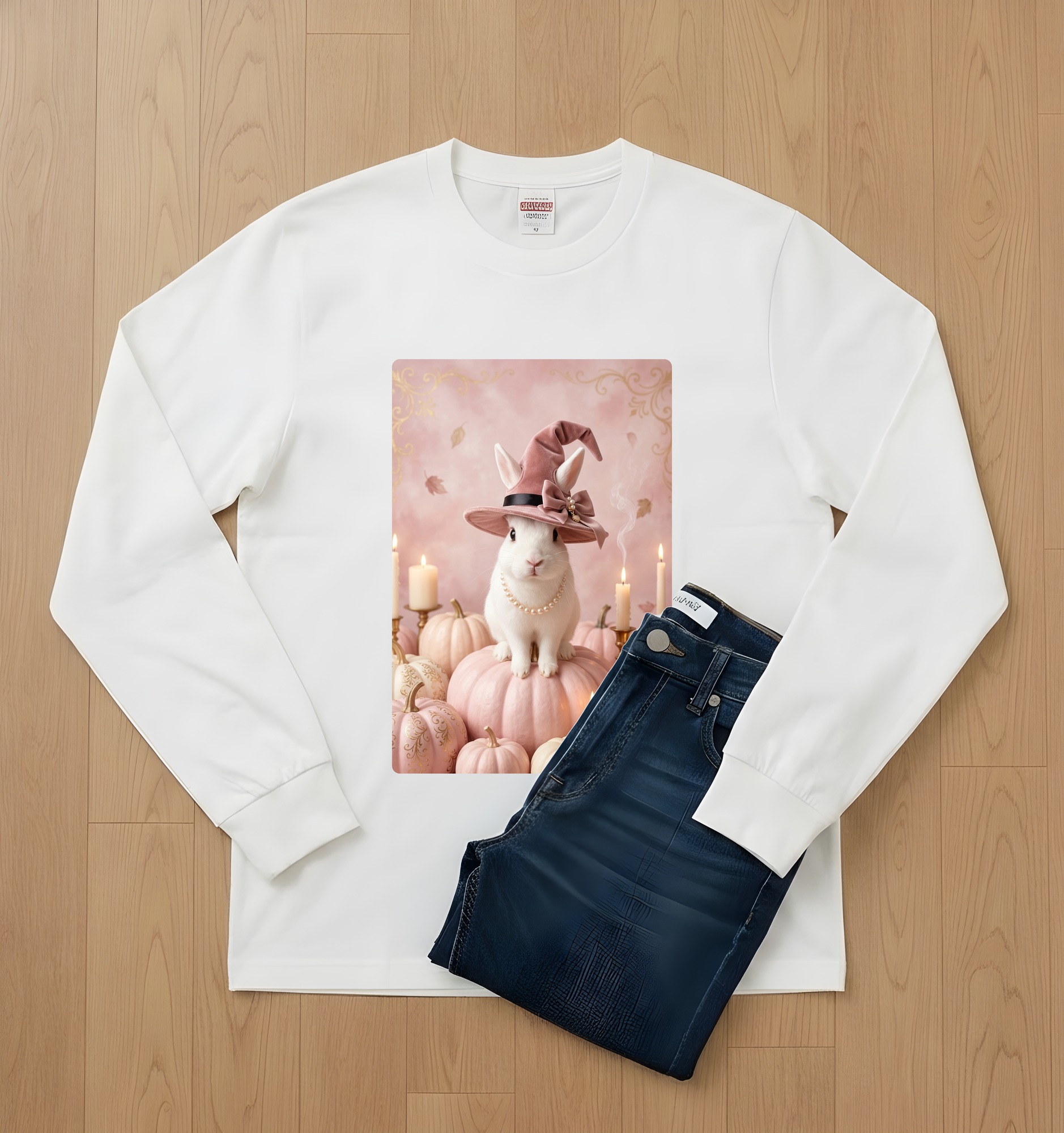 ポーリッシュのかぼちゃとキャンドルの油絵風アートハロウィン長袖Tシャツ（ホワイト）（2枚目）