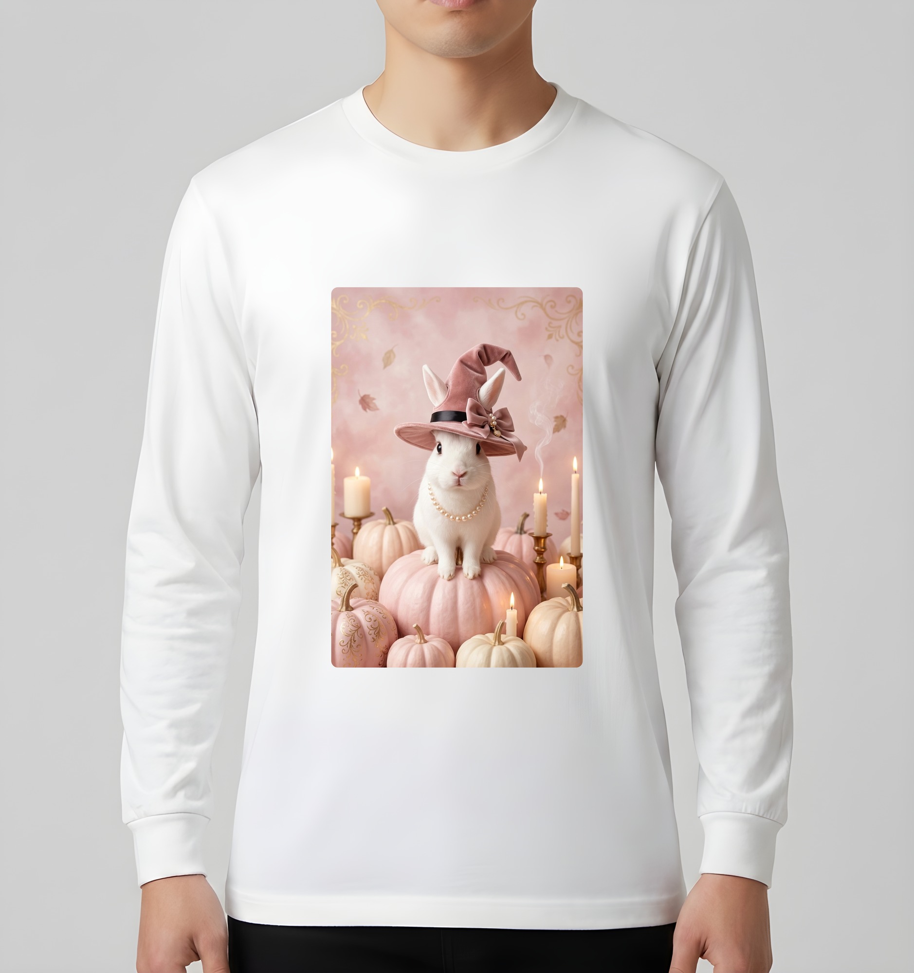 ポーリッシュのかぼちゃとキャンドルの油絵風アートハロウィン長袖Tシャツ（ホワイト）（3枚目）