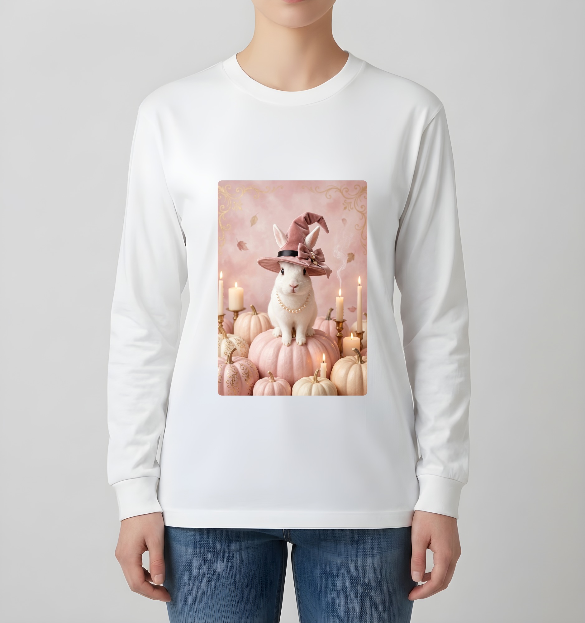 ポーリッシュのかぼちゃとキャンドルの油絵風アートハロウィン長袖Tシャツ（ホワイト）（4枚目）