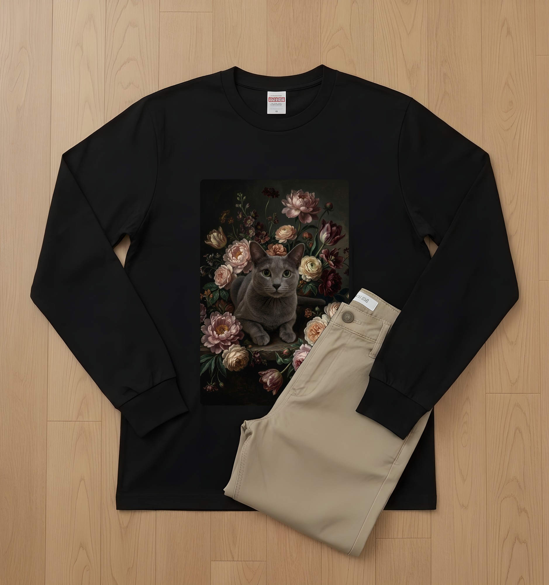 ロシアンブルーの花の油絵風アート花柄長袖Tシャツ(ブラック)(2枚目)