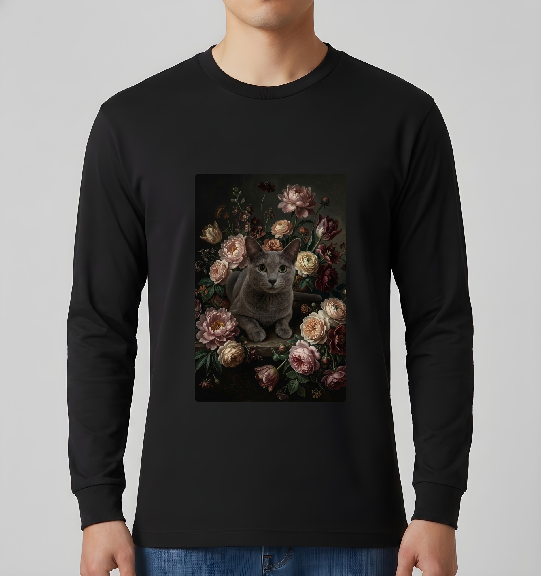 ロシアンブルーの花の油絵風アート花柄長袖Tシャツ(ブラック)(3枚目)