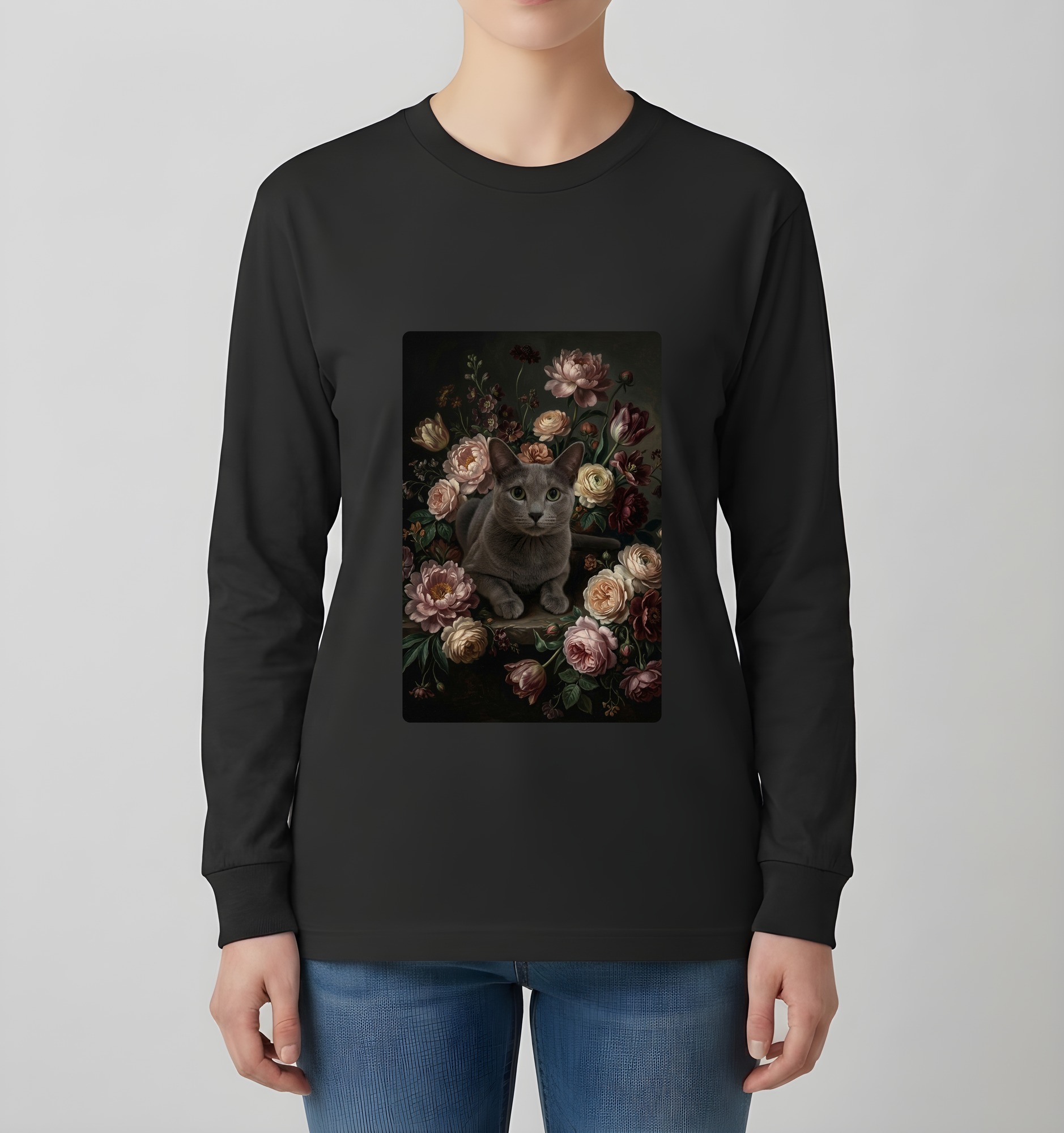 ロシアンブルーの花の油絵風アート花柄長袖Tシャツ(ブラック)(4枚目)