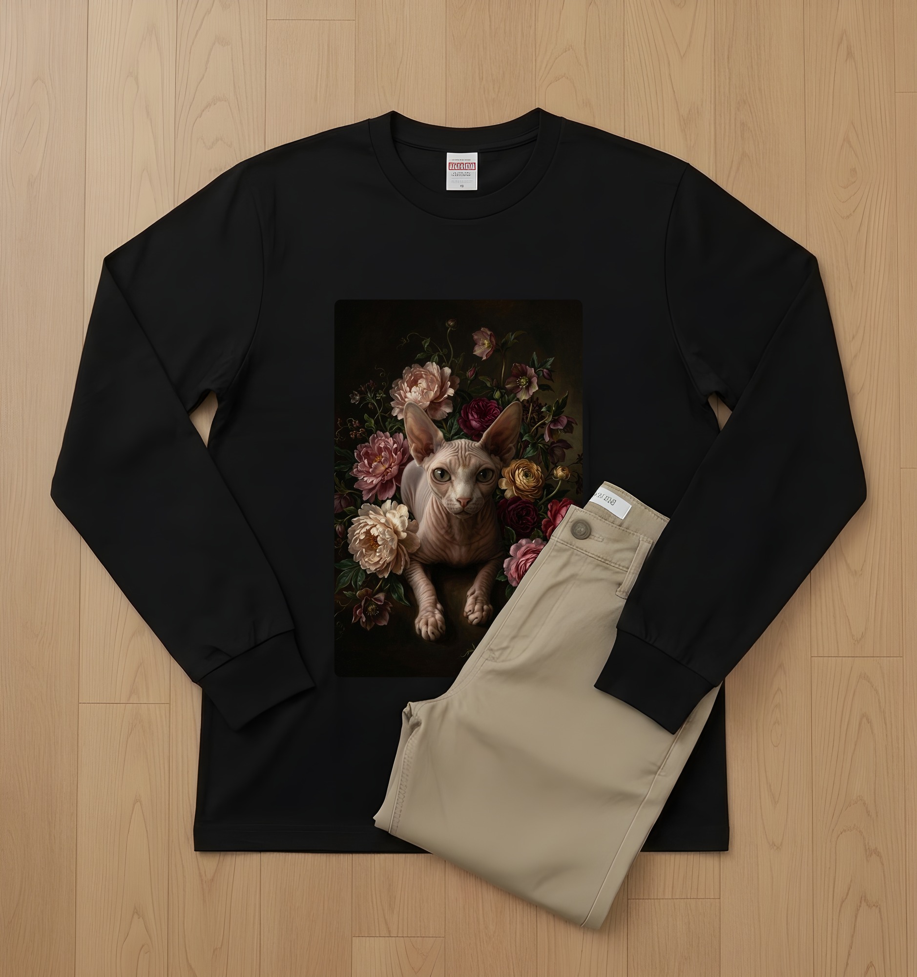 スフィンクスの花の油絵風アート花柄長袖Tシャツ（ブラック）（2枚目）