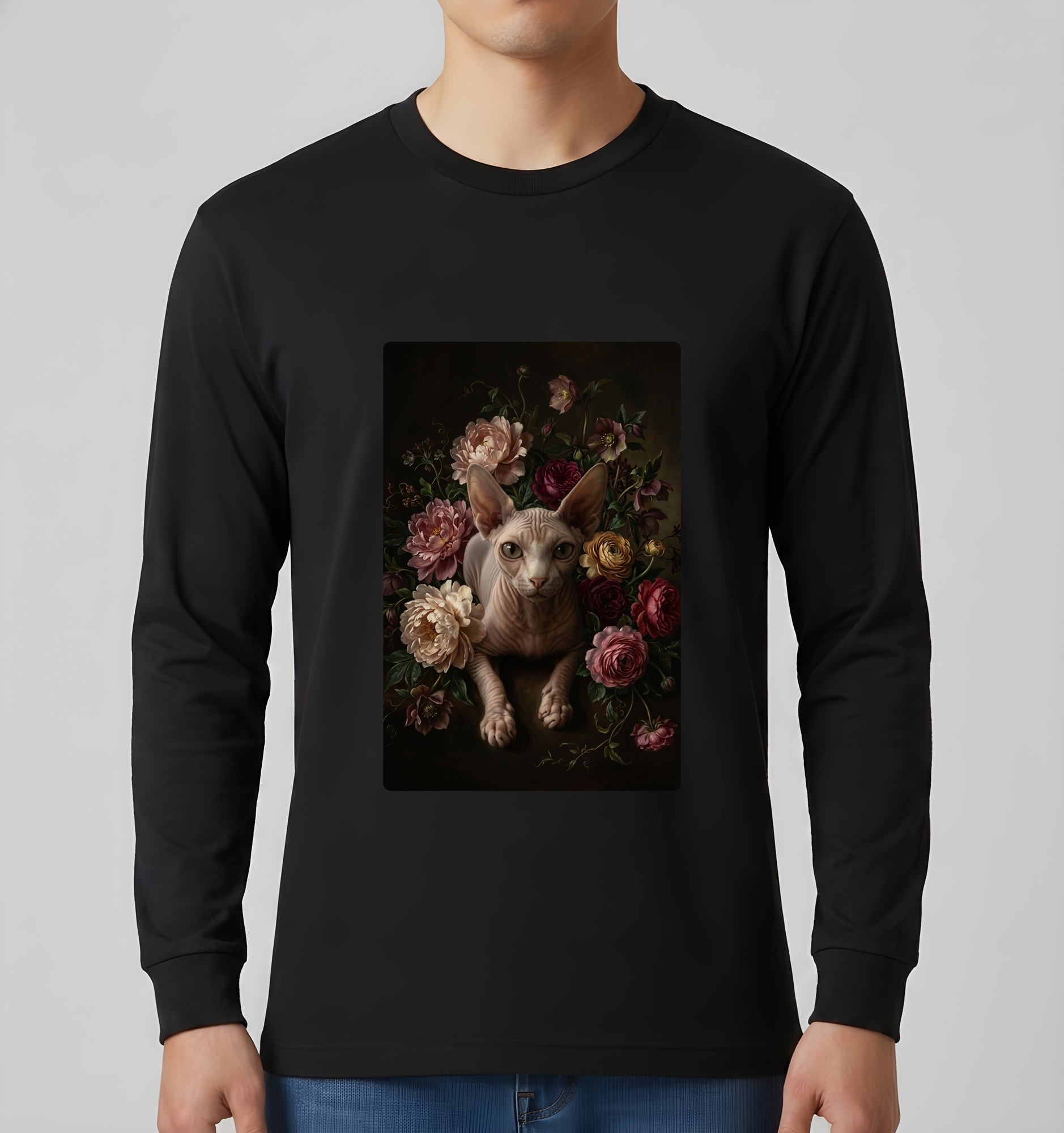スフィンクスの花の油絵風アート花柄長袖Tシャツ（ブラック）（3枚目）
