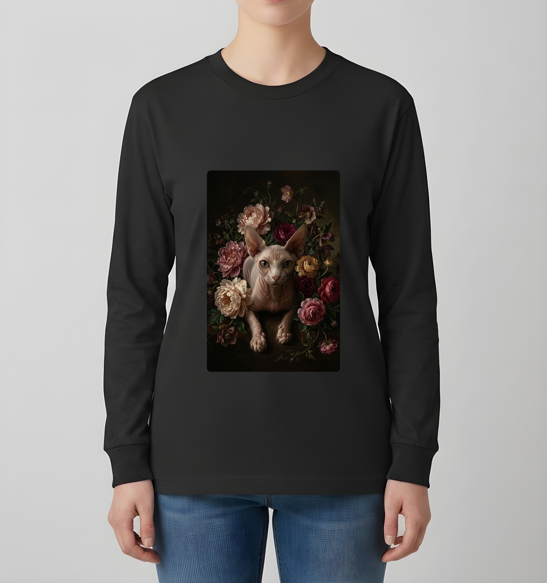 スフィンクスの花の油絵風アート花柄長袖Tシャツ（ブラック）（4枚目）