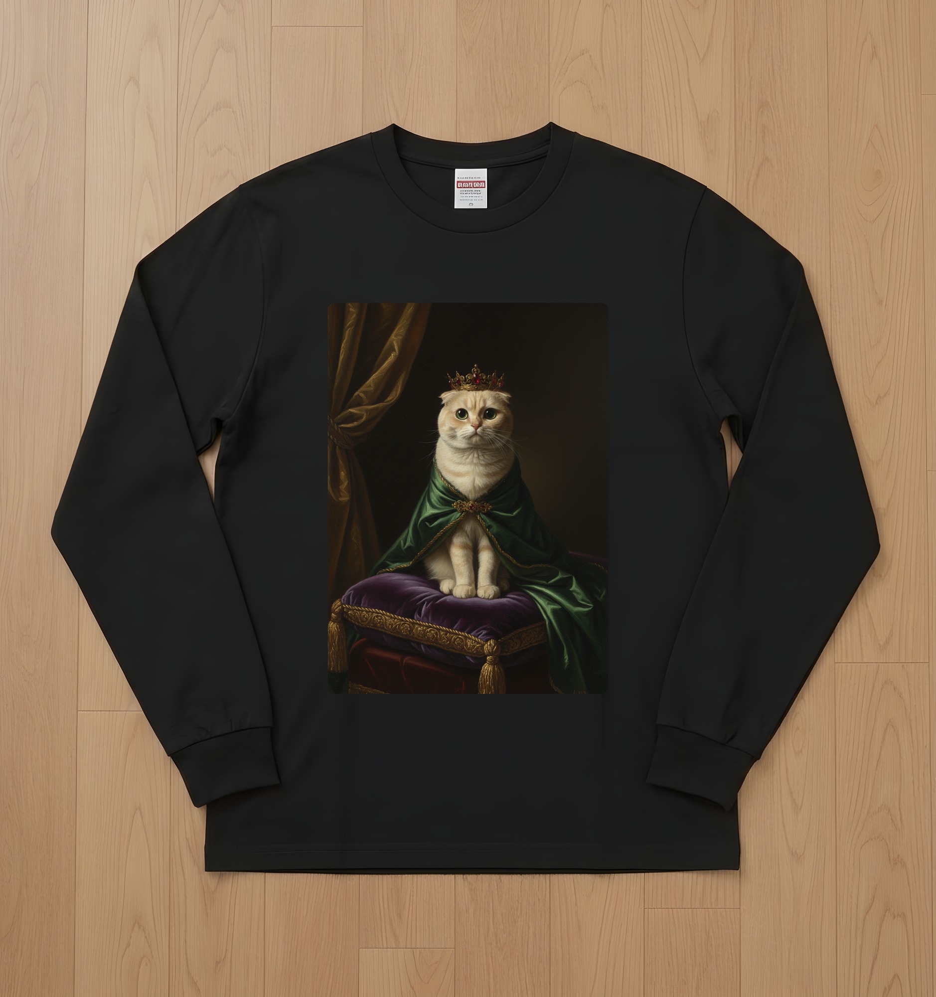 スコティッシュフォールドのルネサンス肖像画長袖Tシャツ(ブラック)