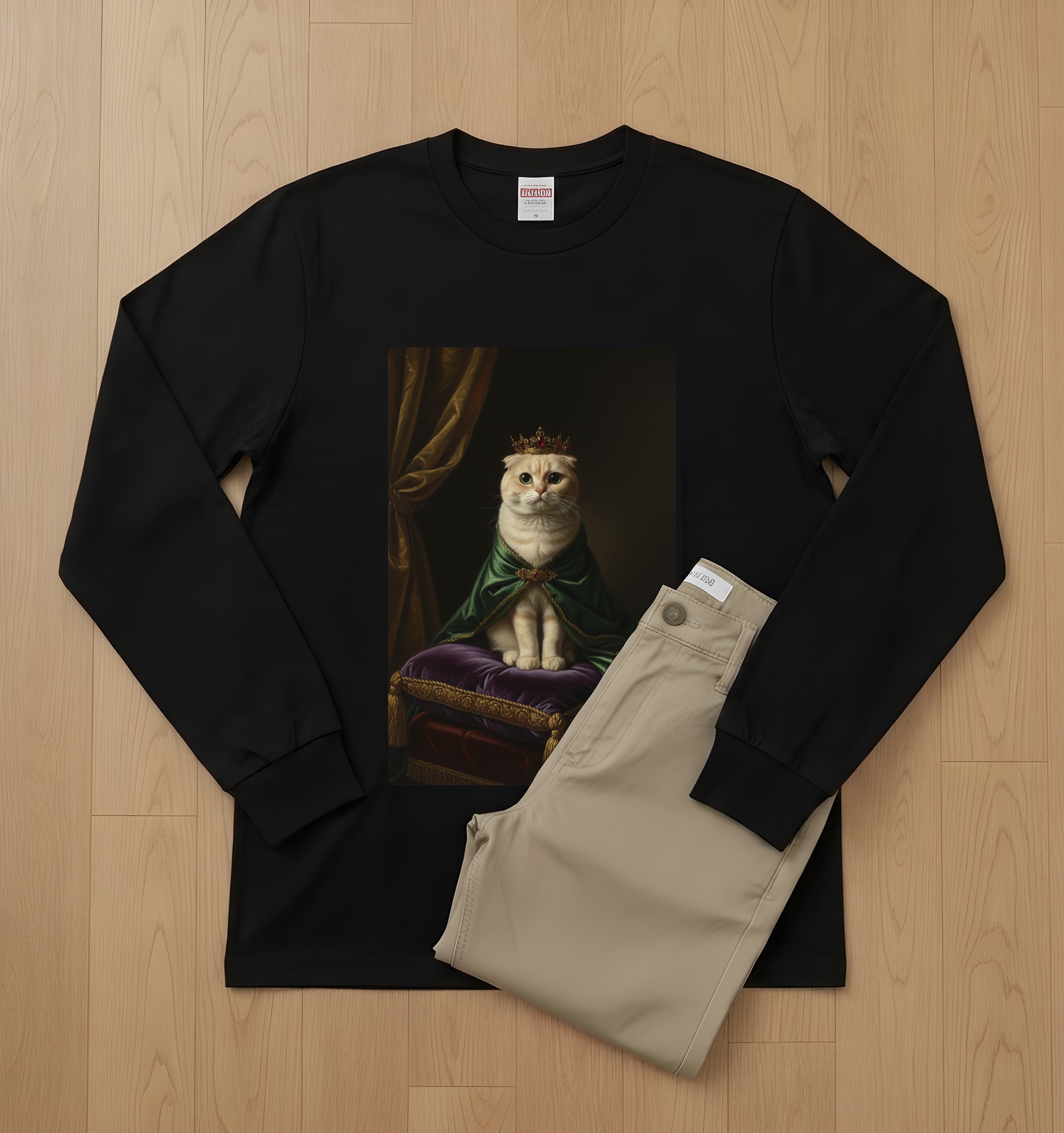 スコティッシュフォールドのルネサンス肖像画長袖Tシャツ(ブラック)(2枚目)