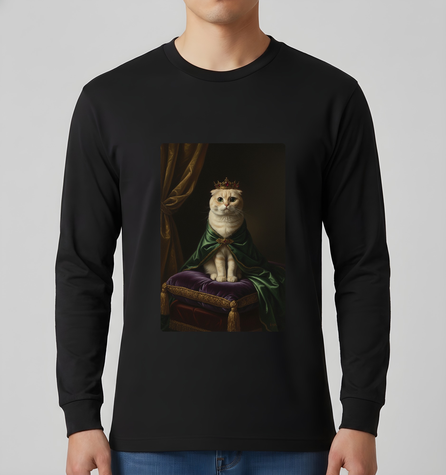 スコティッシュフォールドのルネサンス肖像画長袖Tシャツ(ブラック)(3枚目)
