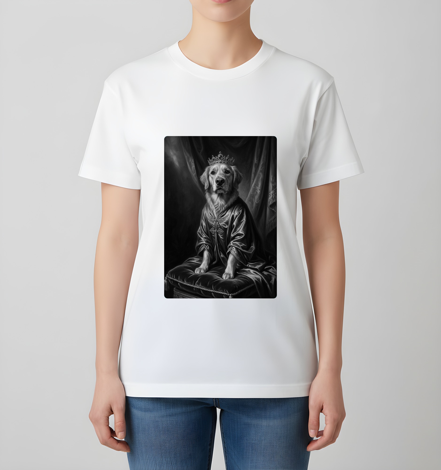 ゴールデンレトリバーのルネサンス肖像画Tシャツ(ホワイト・モノクロプリント・額縁なし)(4枚目)