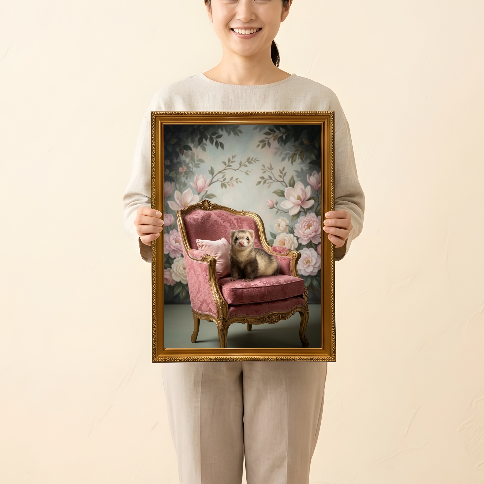 フェレットのシャビーピンクの油絵風アートロココ調額装プリント（A3サイズ）（2枚目）