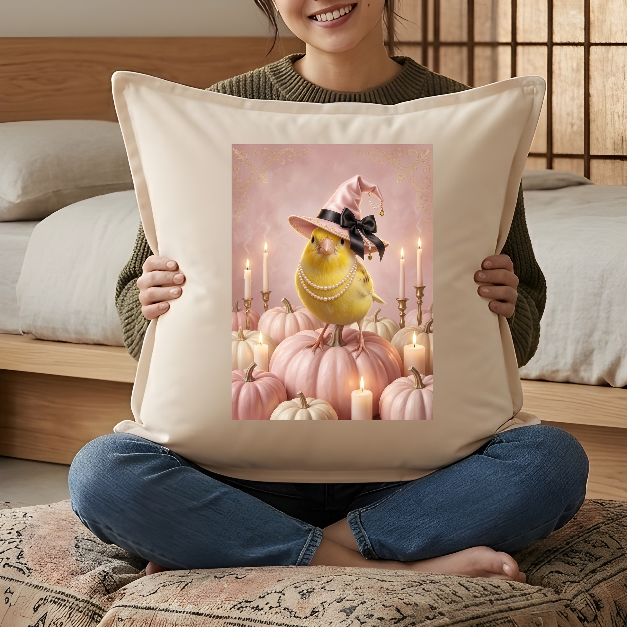 カナリアのかぼちゃとキャンドルの油絵風アートハロウィンクッション（3枚目）