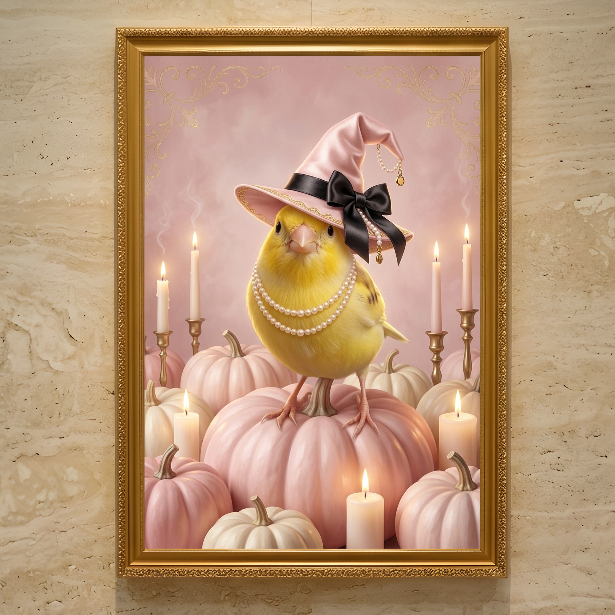 カナリアのかぼちゃとキャンドルの油絵風アートハロウィン額装プリント(A3サイズ)