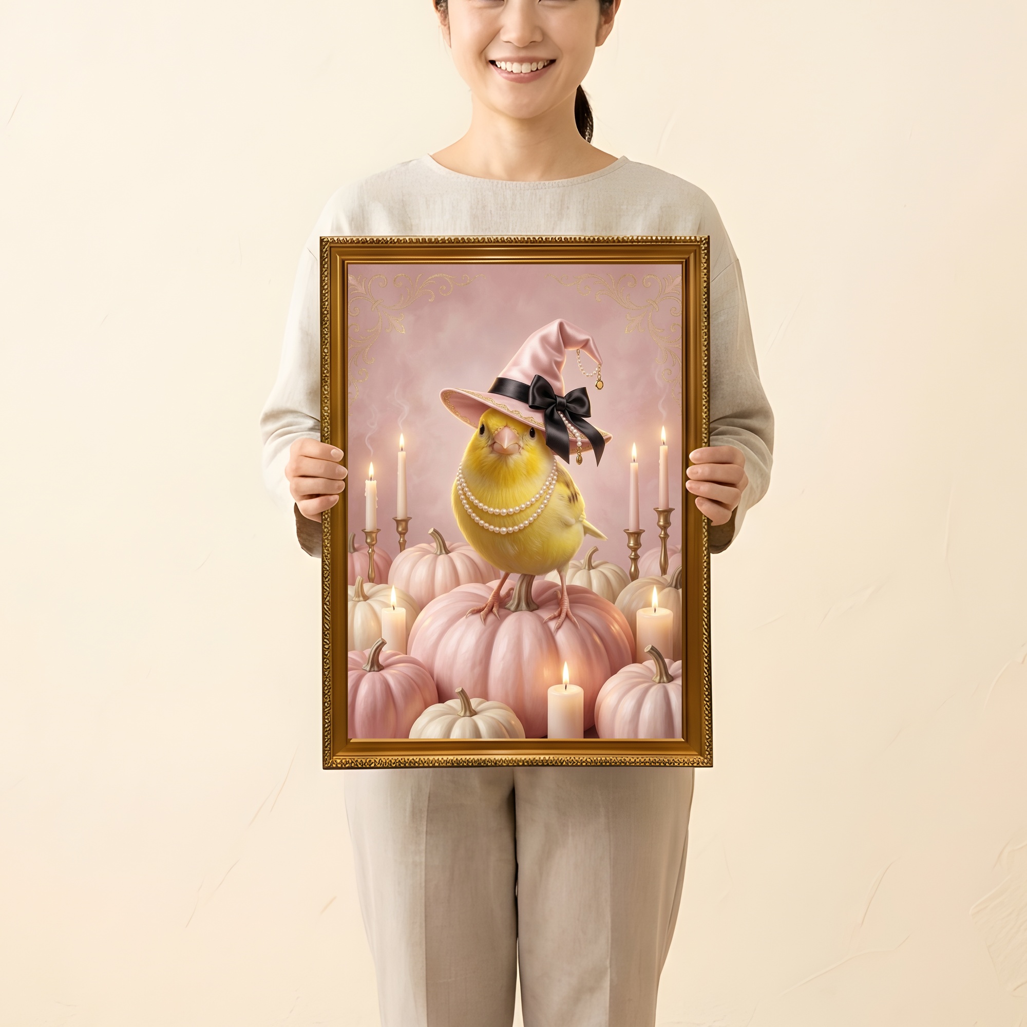 カナリアのかぼちゃとキャンドルの油絵風アートハロウィン額装プリント(A3サイズ)(2枚目)