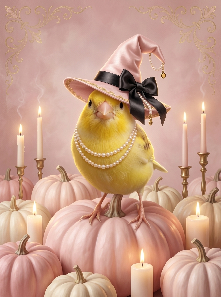 カナリアのかぼちゃとキャンドルの油絵風アートハロウィン額装プリント(A3サイズ)(4枚目)