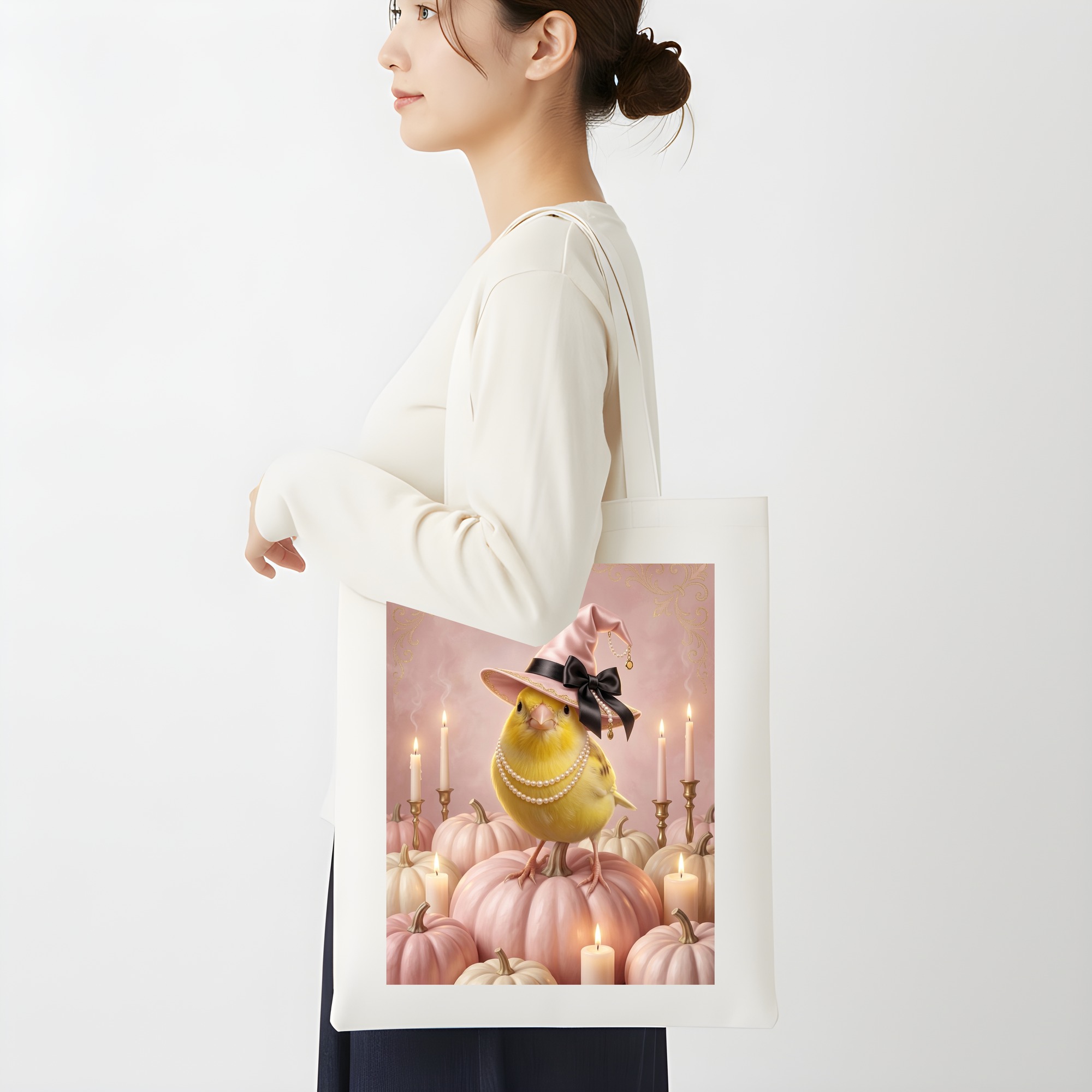 カナリアのかぼちゃとキャンドルの油絵風アートハロウィントートバッグ(2枚目)
