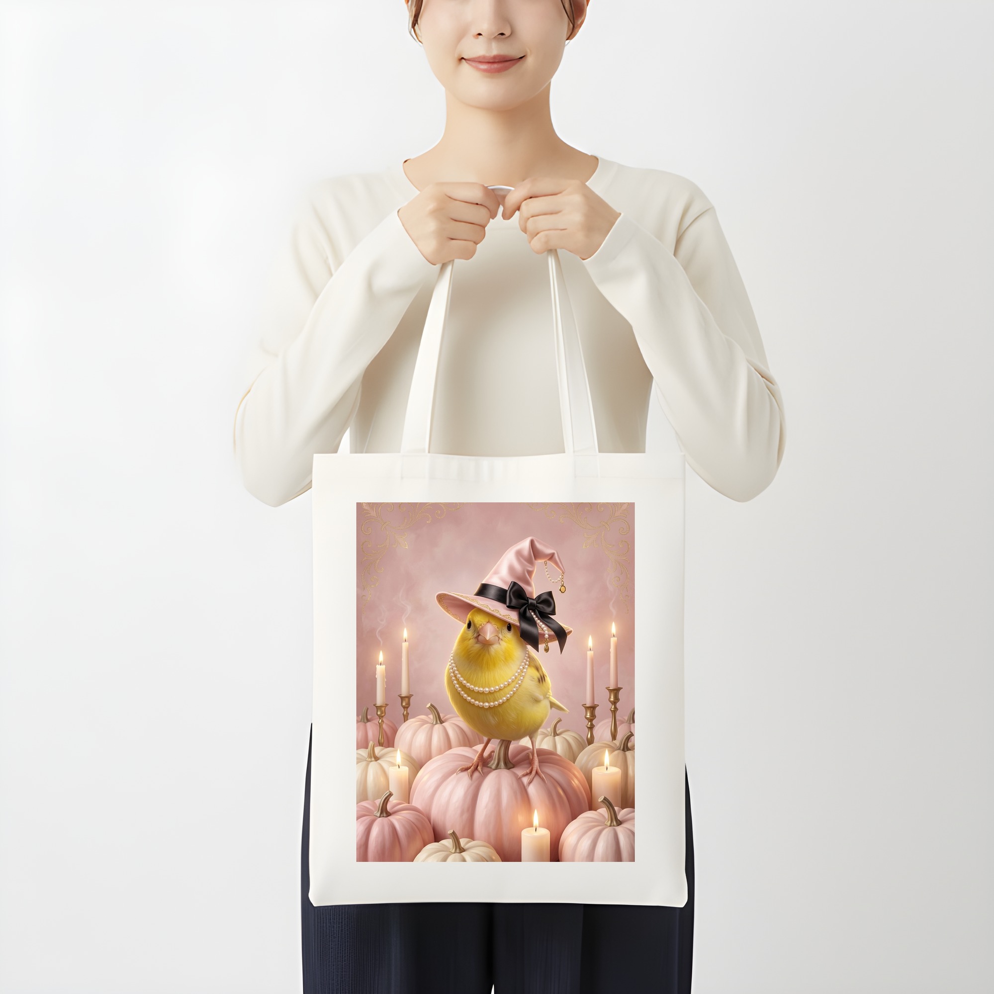 カナリアのかぼちゃとキャンドルの油絵風アートハロウィントートバッグ(3枚目)
