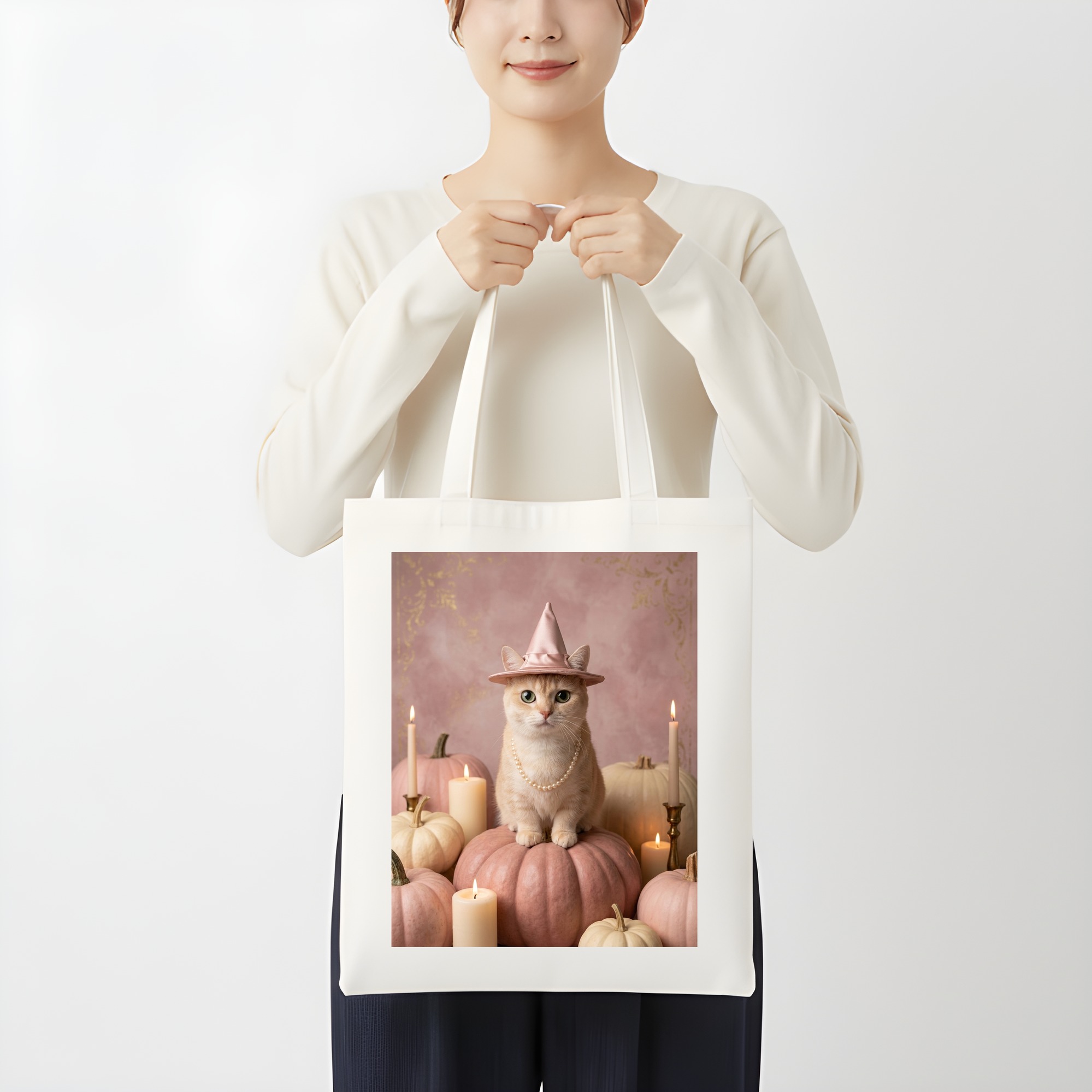 マンチカンのかぼちゃとキャンドルの油絵風アートハロウィントートバッグ（3枚目）