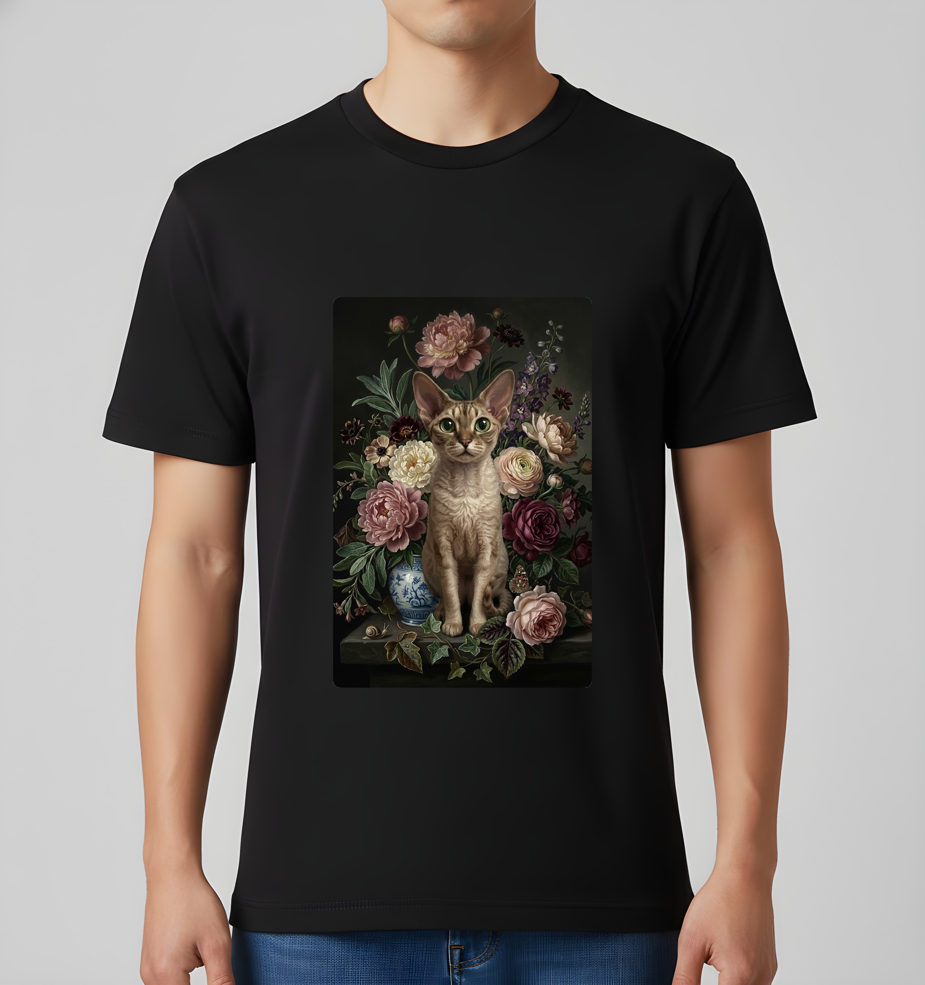 デボンレックスの花の油絵風アート花柄Tシャツ（ブラック）（3枚目）