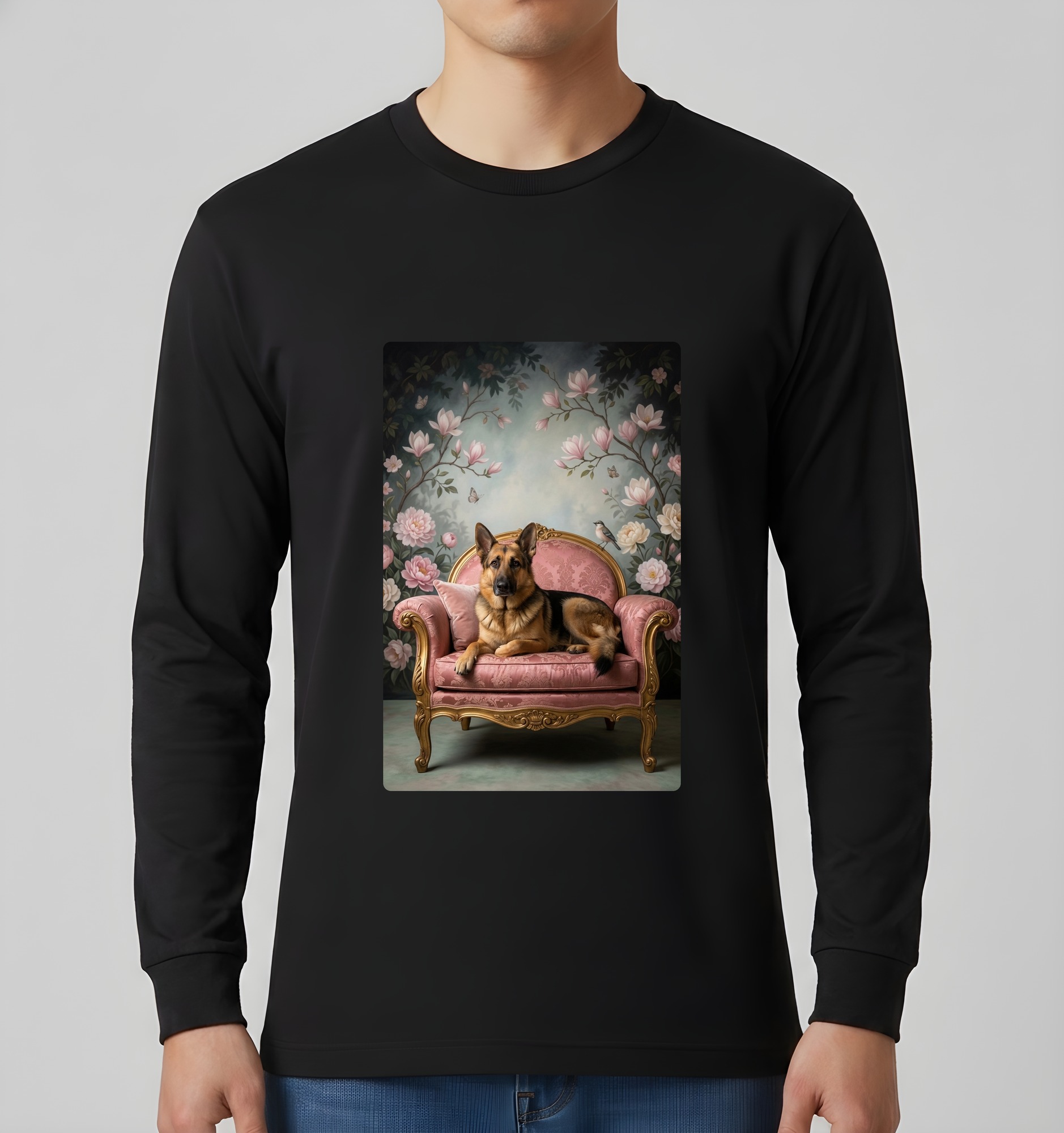 ジャーマンシェパードのシャビーピンクの油絵風アートロココ調長袖Tシャツ(ブラック)(3枚目)