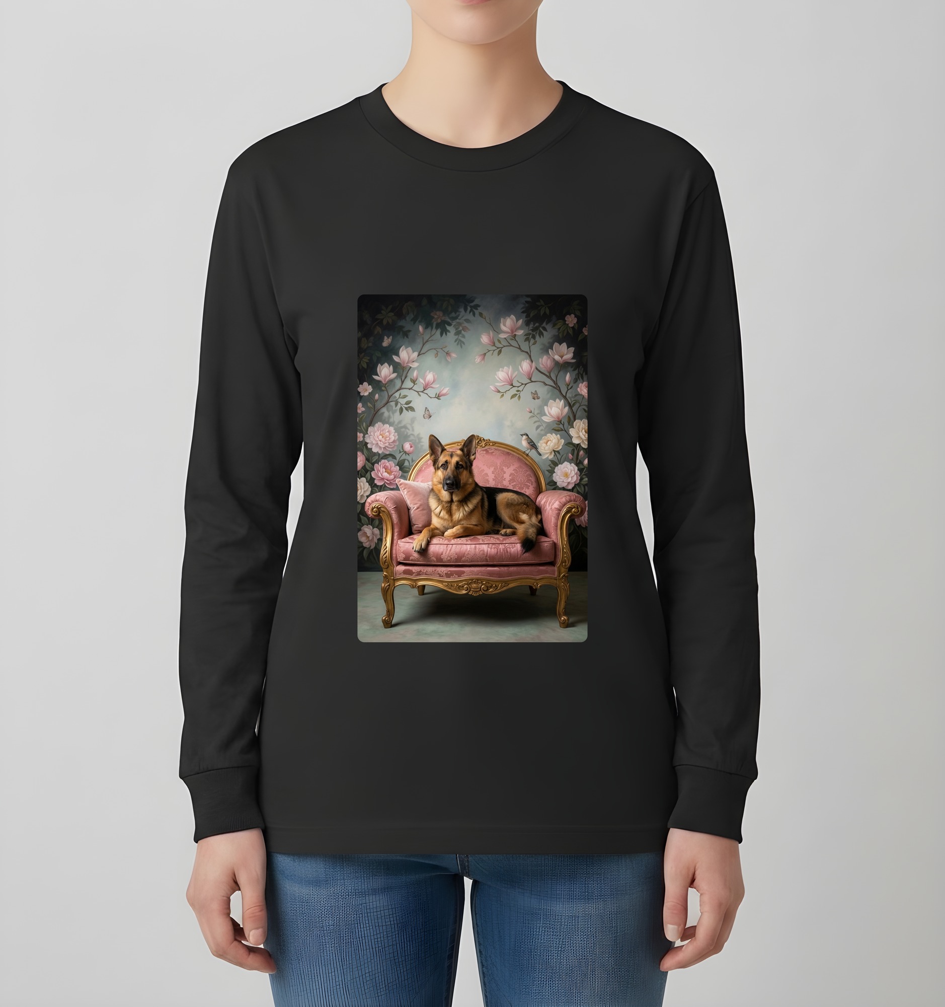 ジャーマンシェパードのシャビーピンクの油絵風アートロココ調長袖Tシャツ(ブラック)(4枚目)