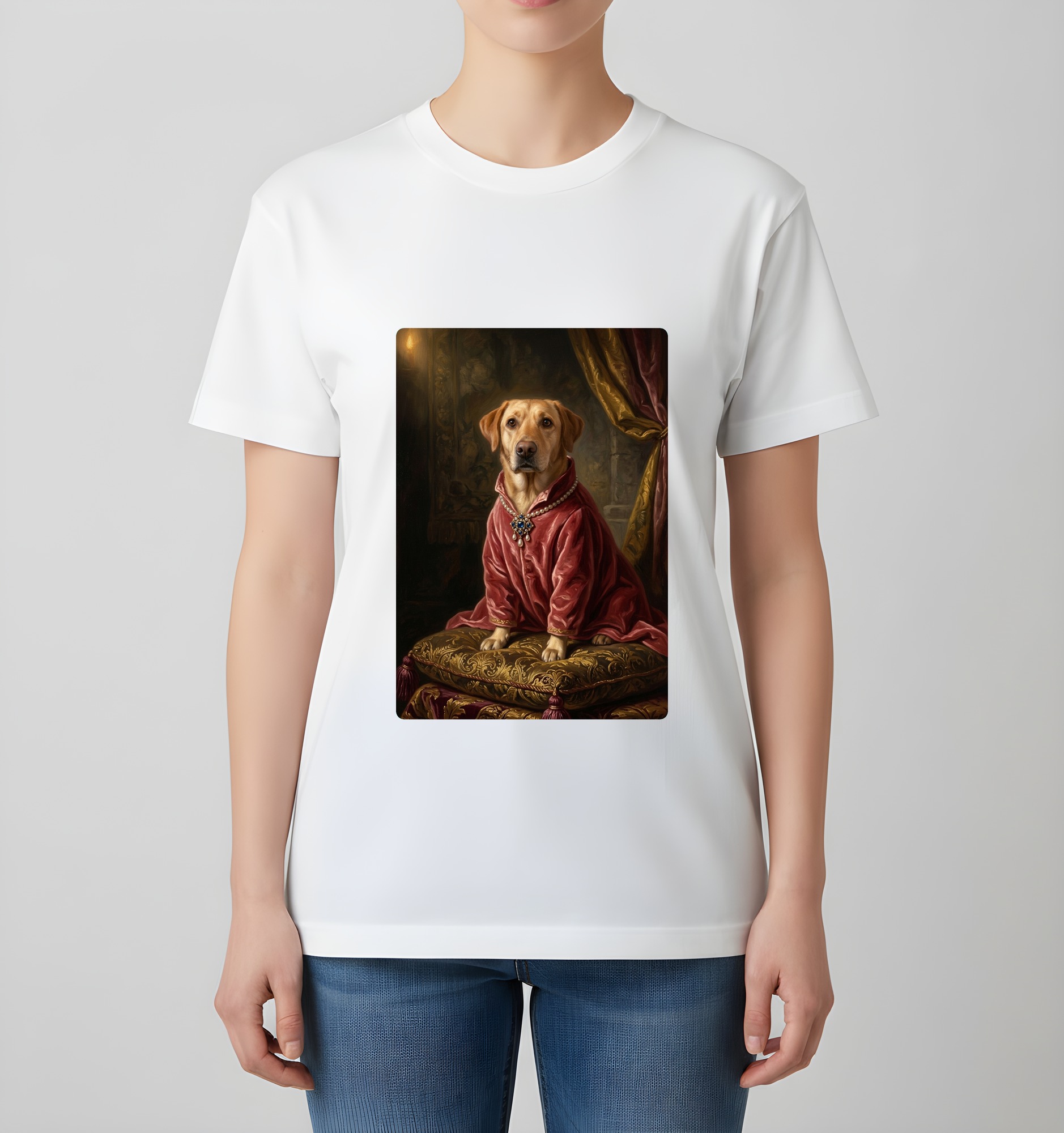 ラブラドールレトリバーのルネサンス肖像画Tシャツ（ホワイト・カラープリント・額縁なし）（4枚目）