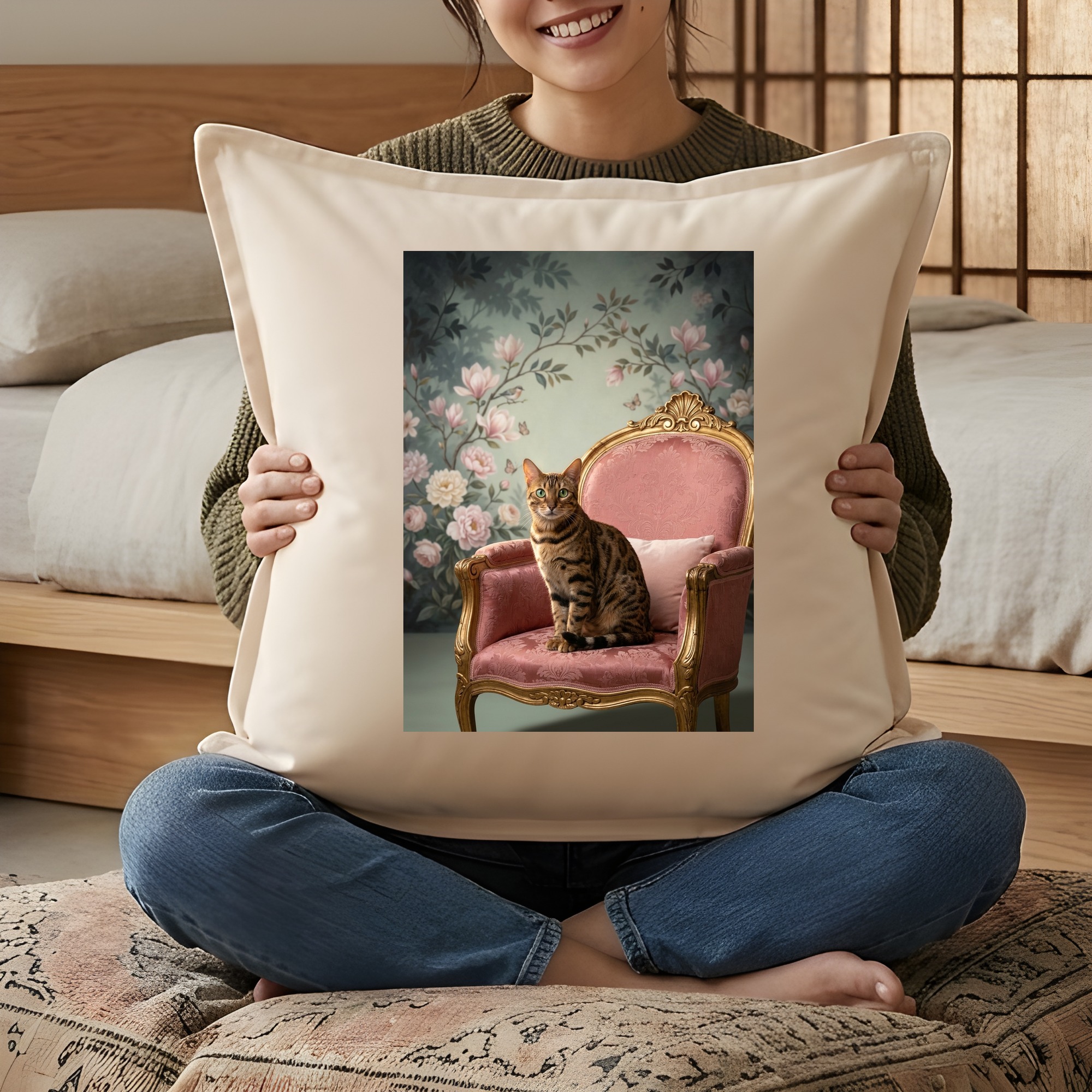 ベンガルのシャビーピンクの油絵風アートロココ調クッション(3枚目)
