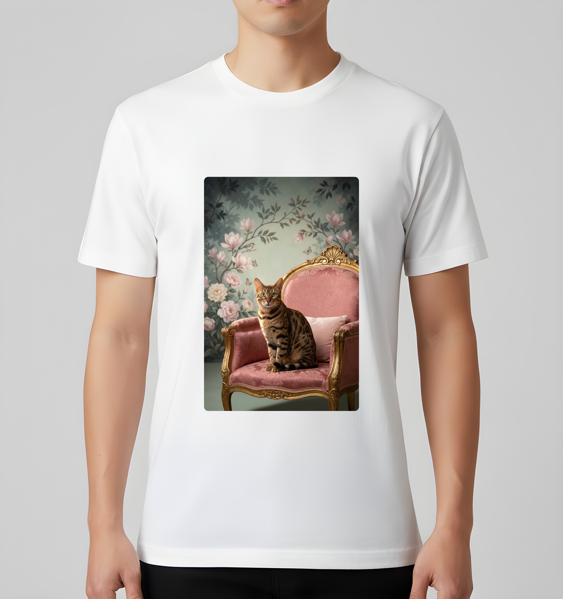 ベンガルのシャビーピンクの油絵風アートロココ調Tシャツ（ホワイト）（3枚目）