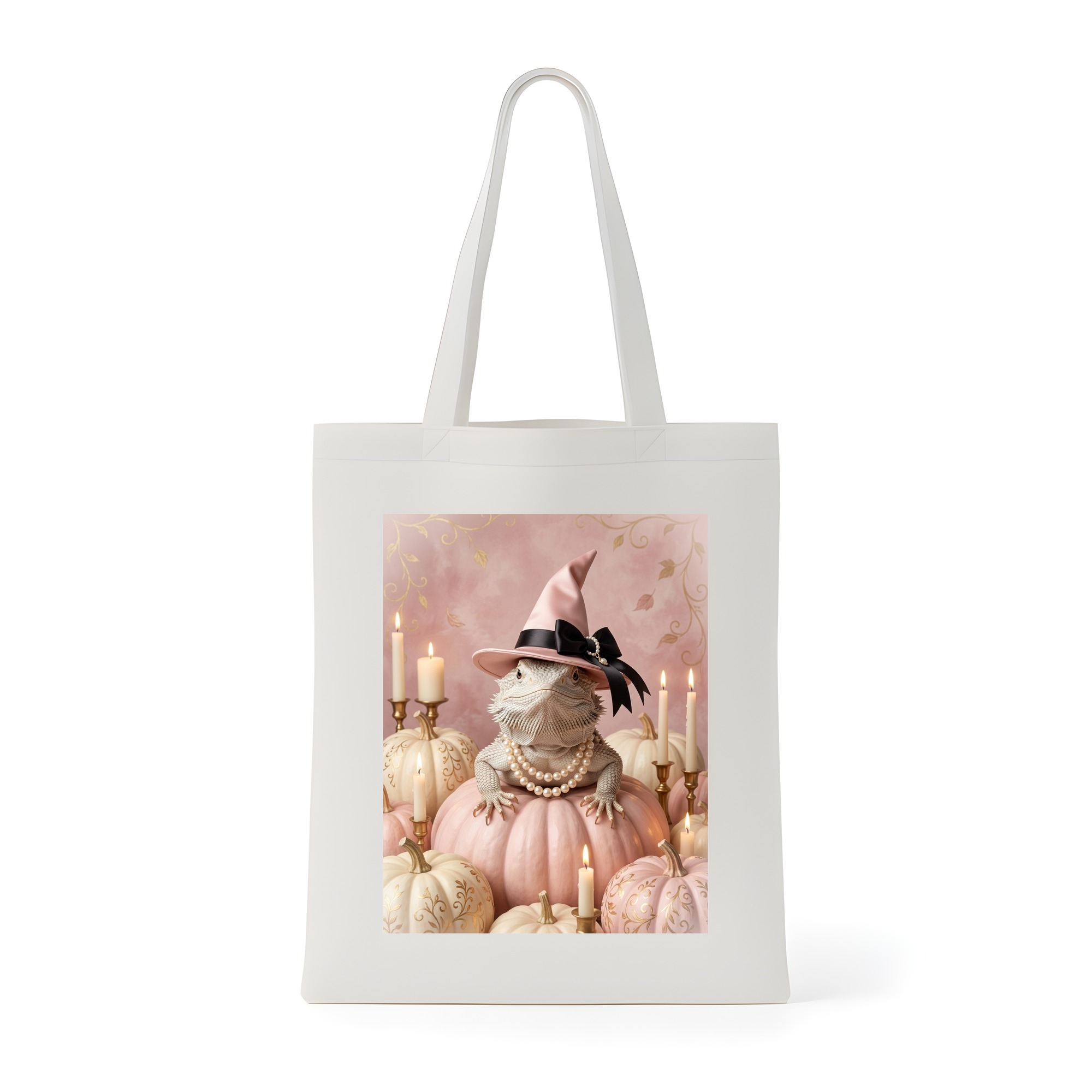 サバクイグアナのかぼちゃとキャンドルの油絵風アートハロウィントートバッグ