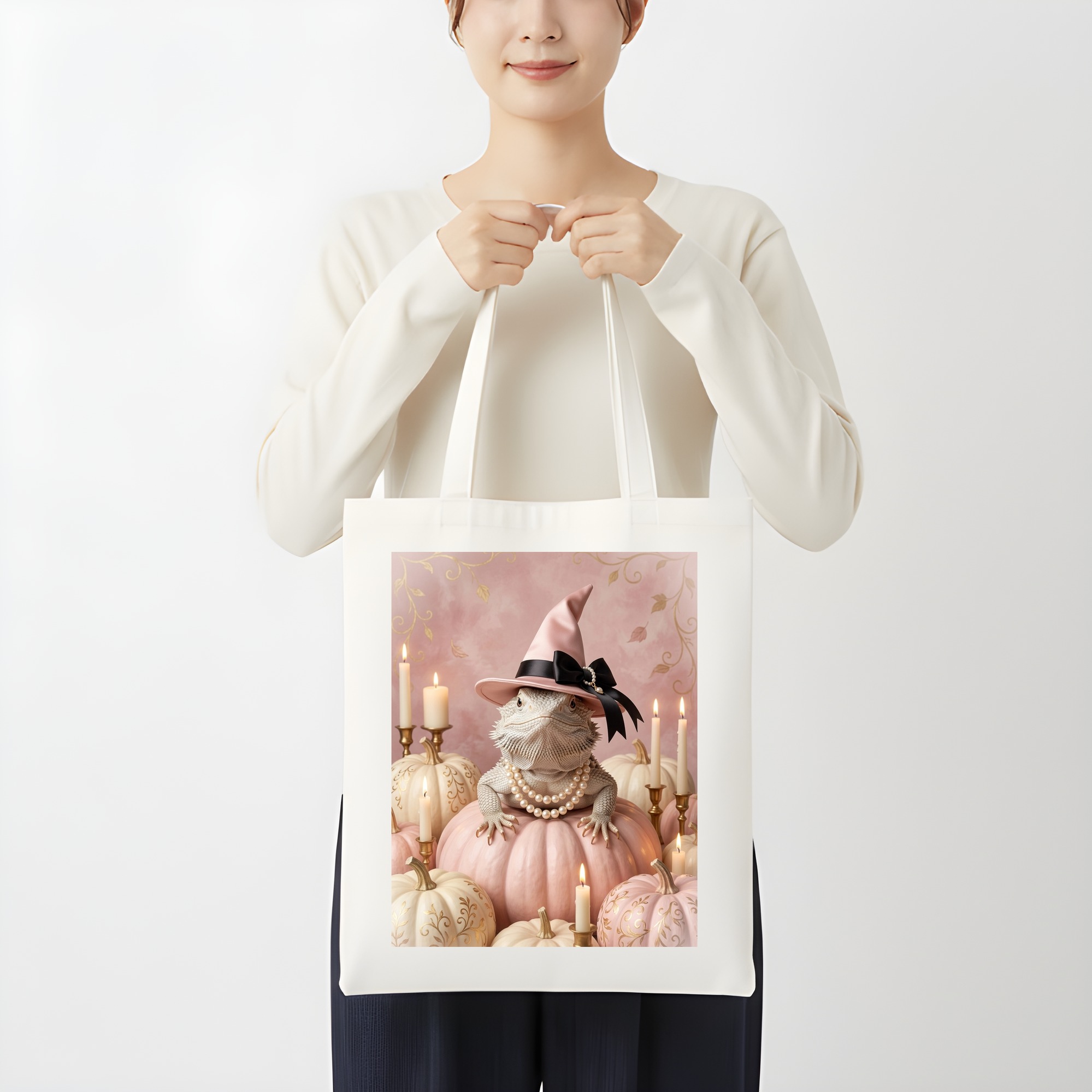 サバクイグアナのかぼちゃとキャンドルの油絵風アートハロウィントートバッグ(3枚目)