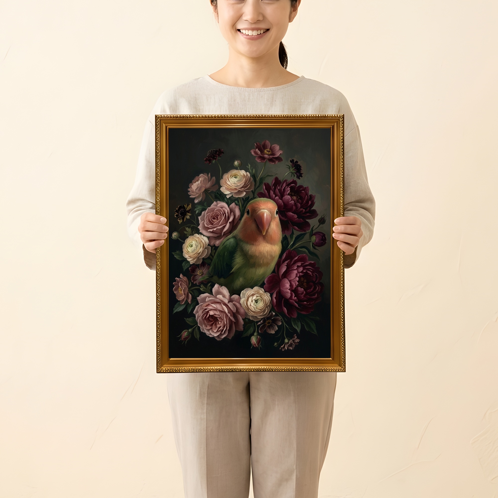 コザクラインコの花の油絵風アート花柄額装プリント(A3サイズ)(2枚目)