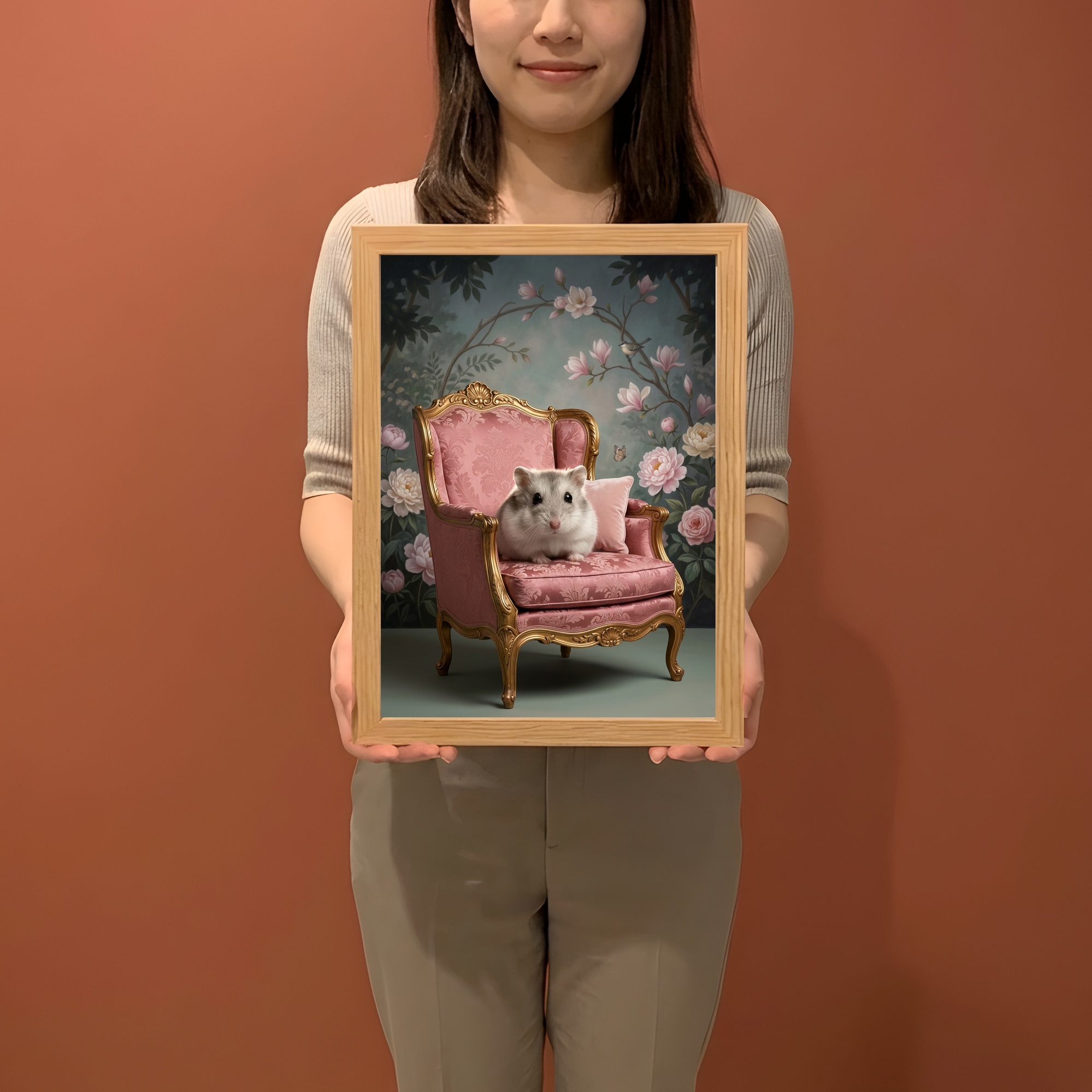 ウィンターホワイトハムスターのシャビーピンクの油絵風アートロココ調額装プリント（A4サイズ）（2枚目）