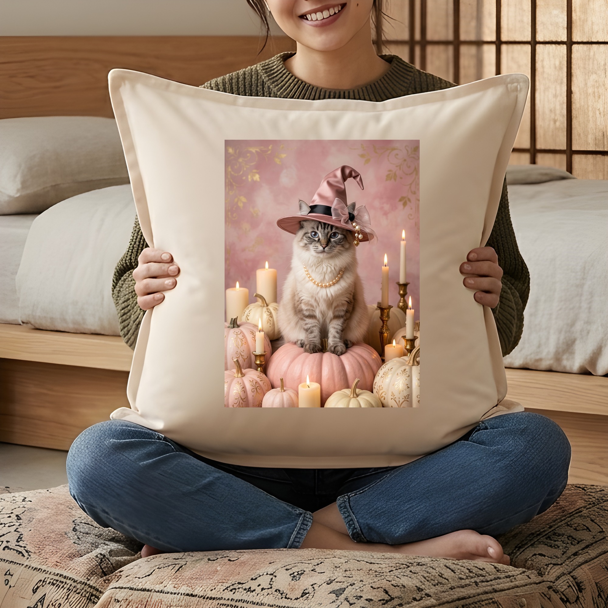 ヒマラヤンのかぼちゃとキャンドルの油絵風アートハロウィンクッション（3枚目）