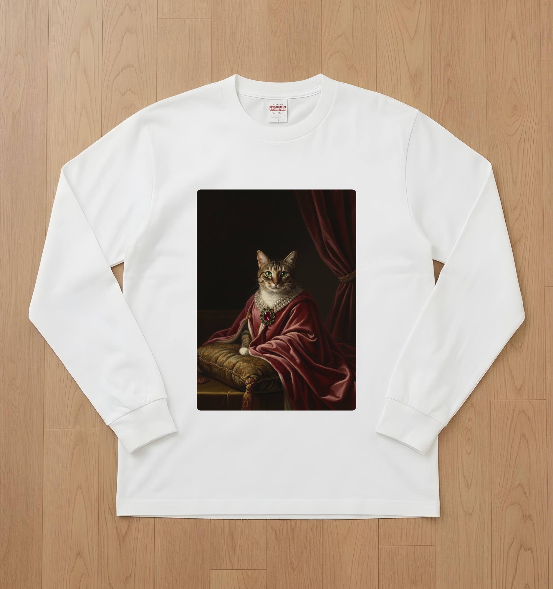 猫のルネサンス肖像画長袖Tシャツ(ホワイト)