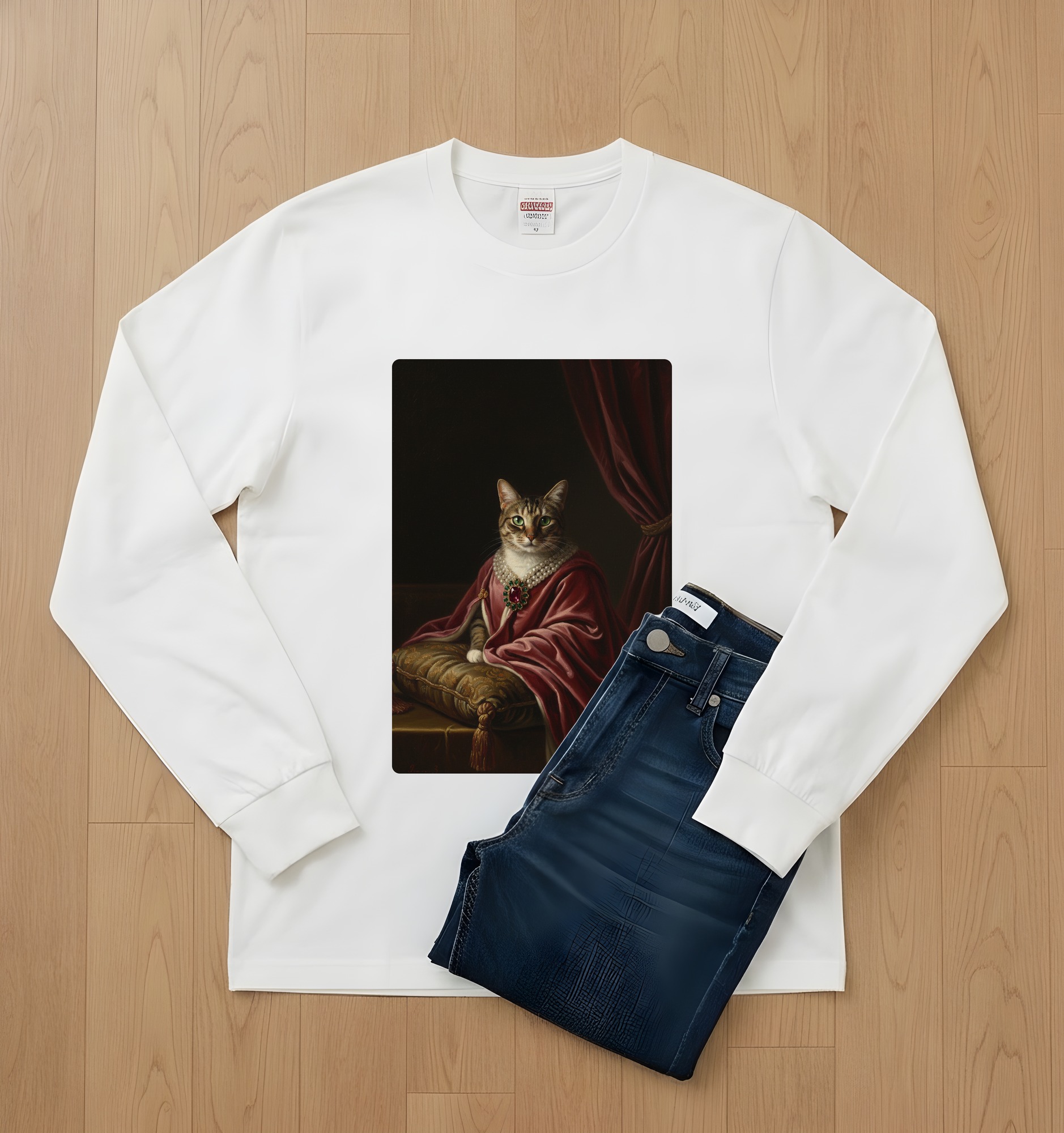 猫のルネサンス肖像画長袖Tシャツ(ホワイト)(2枚目)
